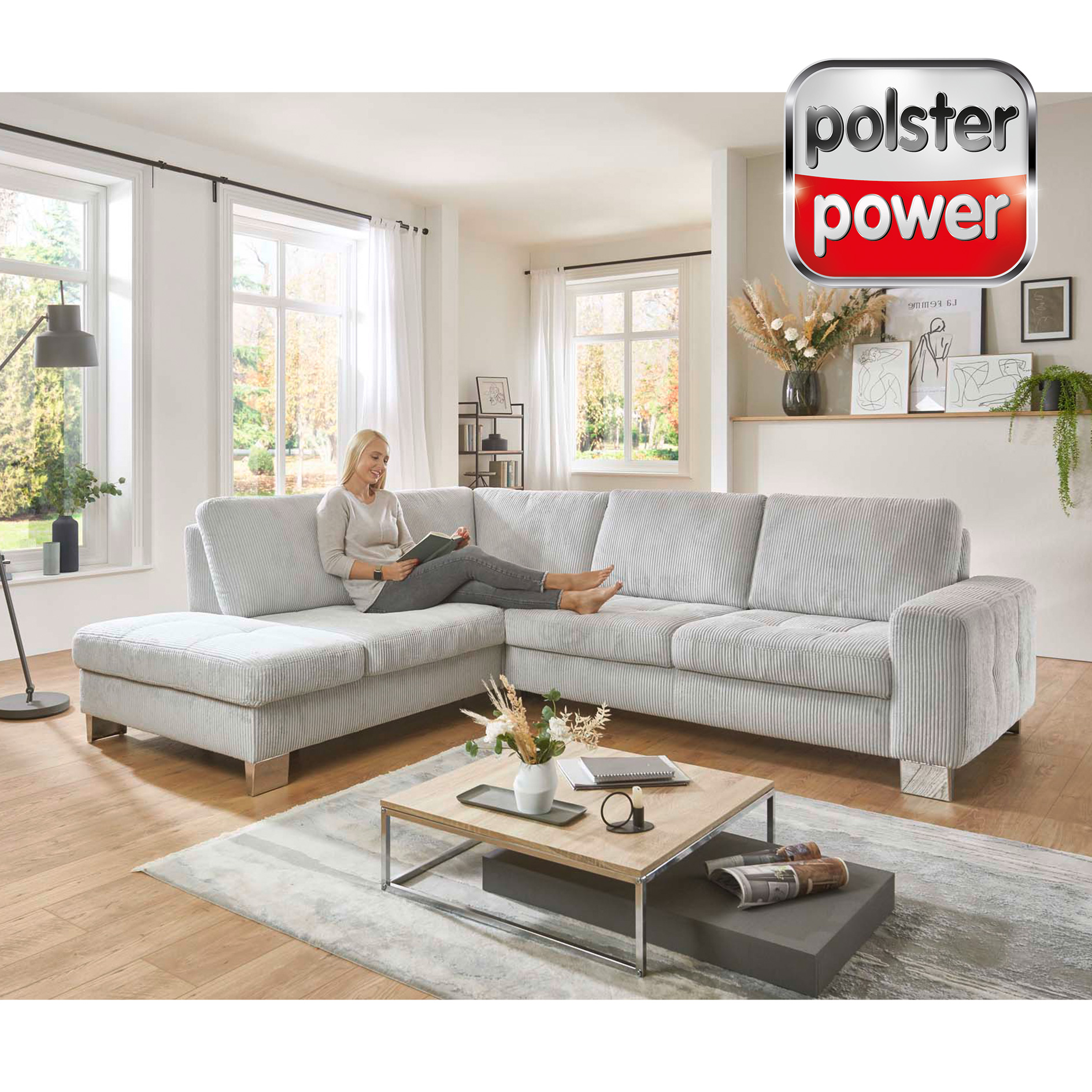 polsterpower Ecksofa - silver - Cord - Basismodell - Staukasten links