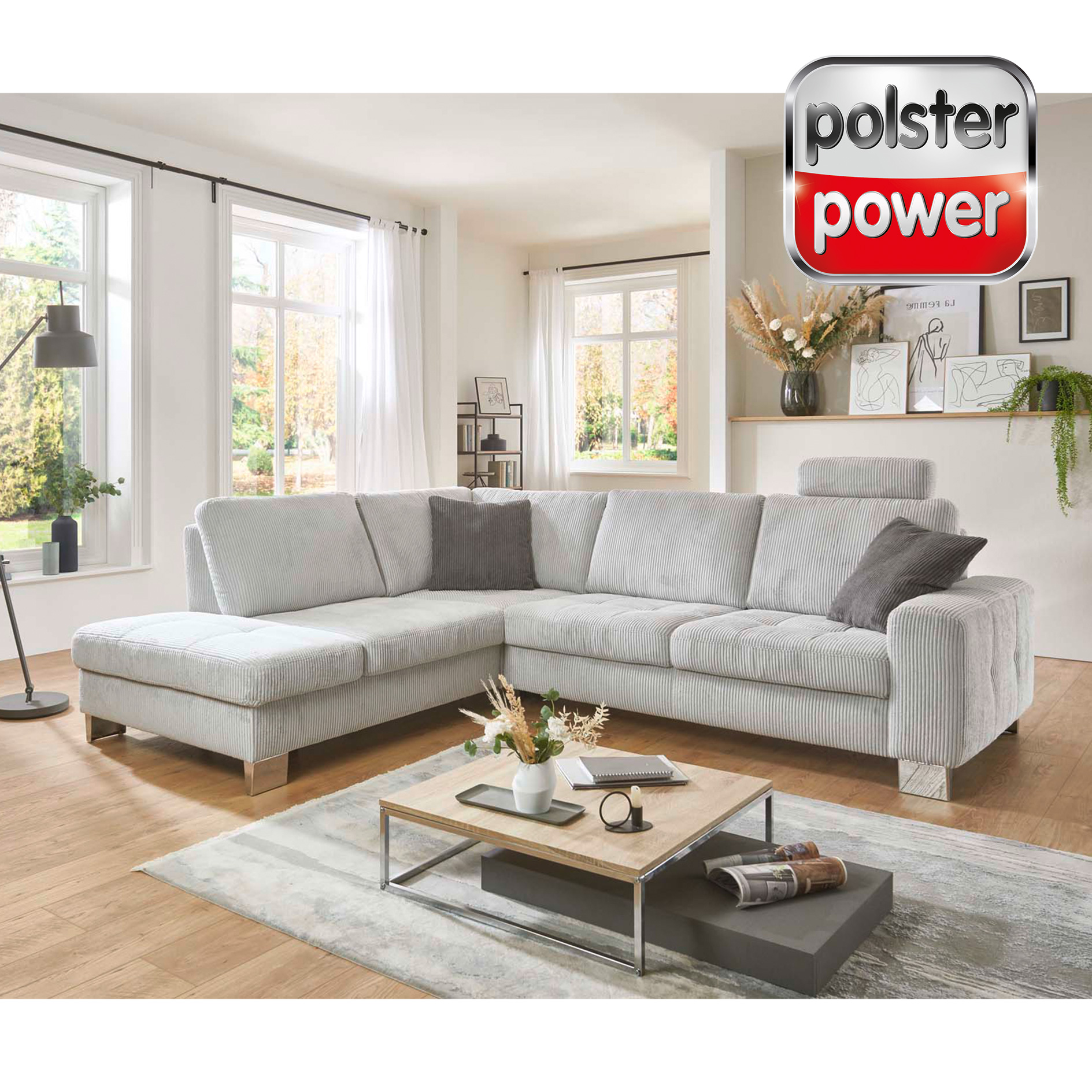 polsterpower Ecksofa - silver - Cord - mit Funktionen - Staukasten links
