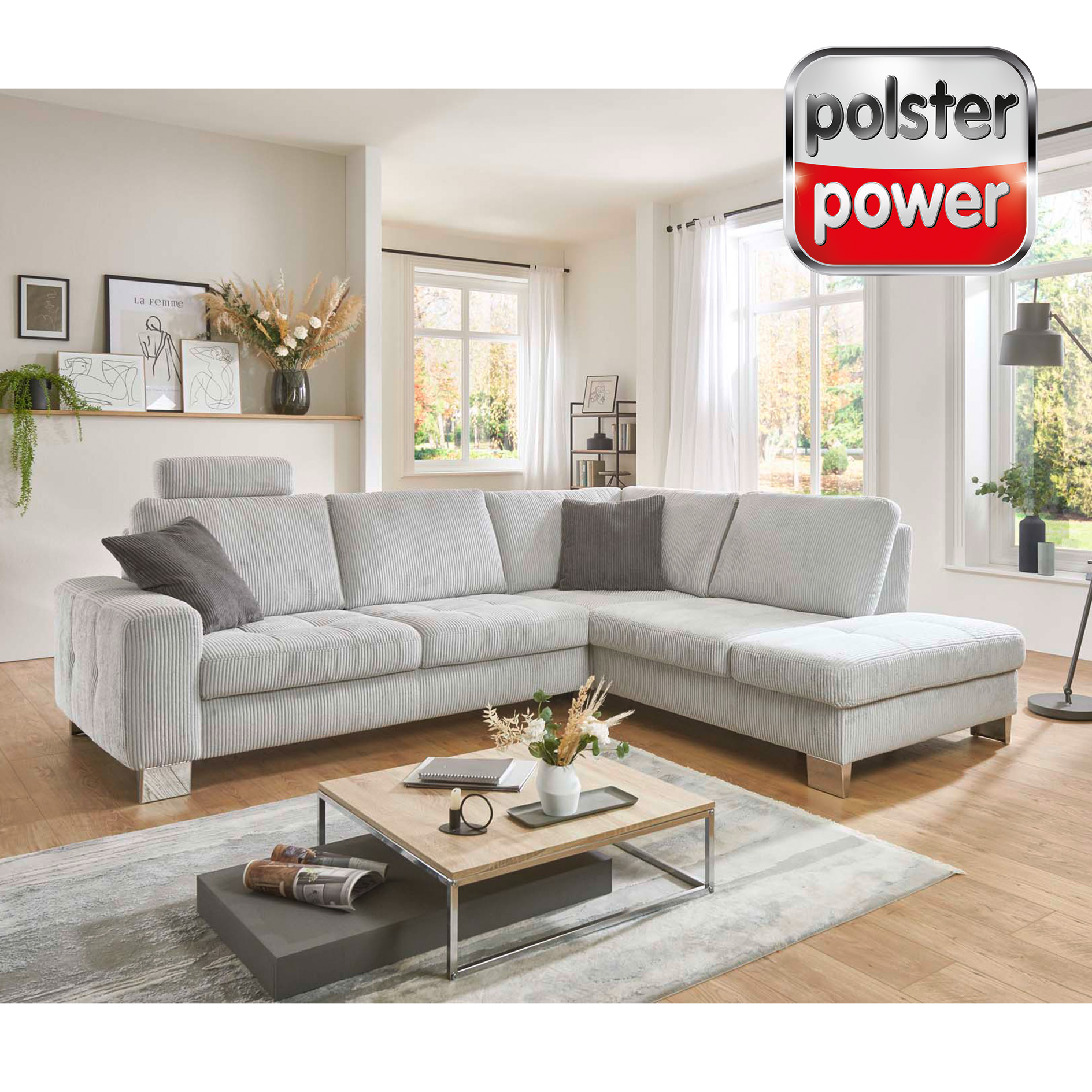 polsterpower Ecksofa - silver - Cord - mit Funktionen - Staukasten rechts