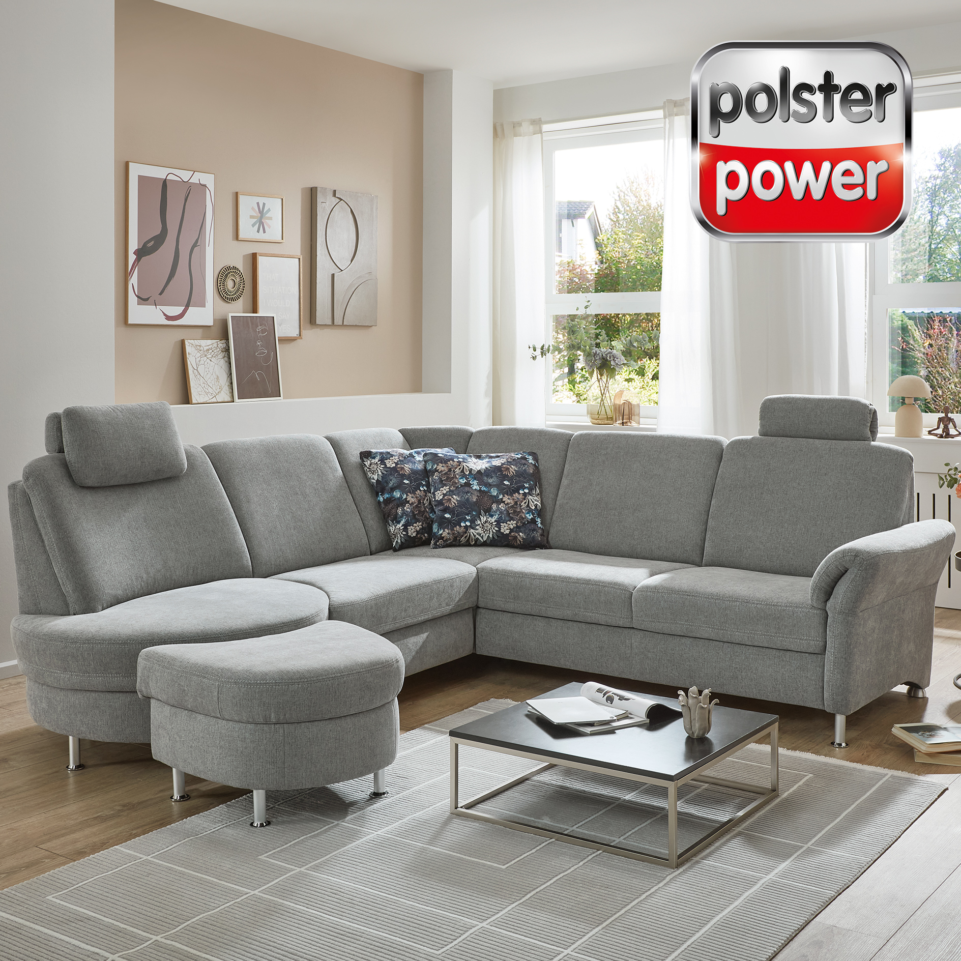 polsterpower Ecksofa - silver - mit Liegefunktion und Staukasten 