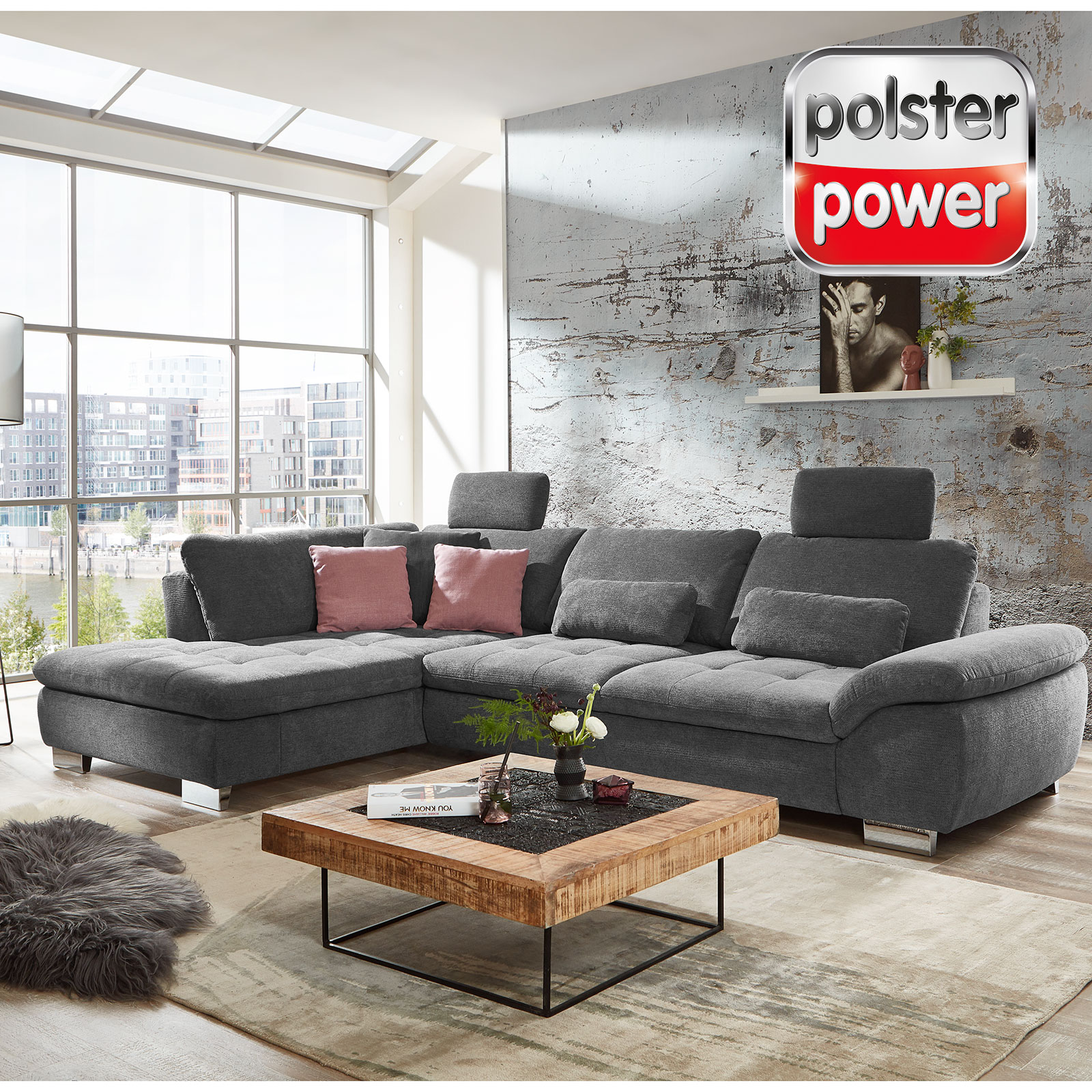 polsterpower Ecksofa - slate - mit Funktionen - Anstellhocker links