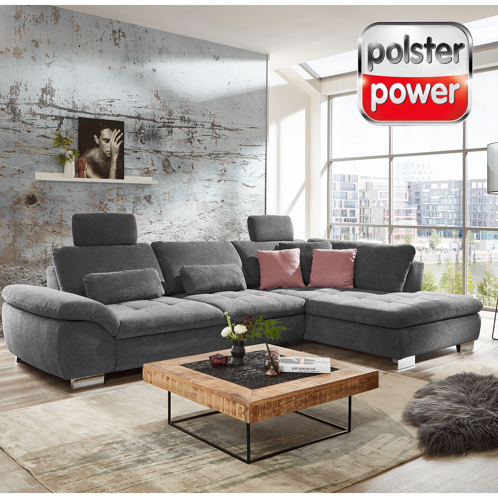 polsterpower Ecksofa - slate - mit Funktionen - Anstellhocker rechts