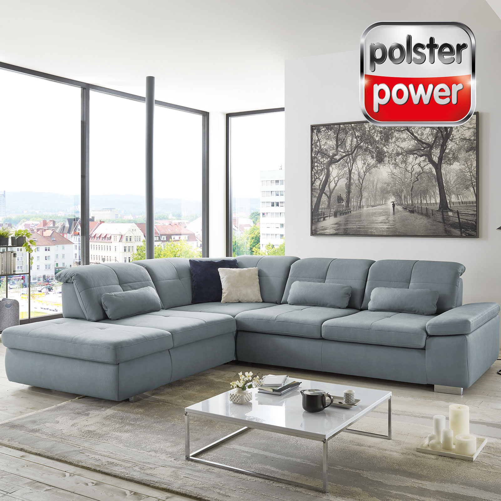polsterpower Ecksofa - steel - Microfaser - Liegefunktion - Anstellhocker links