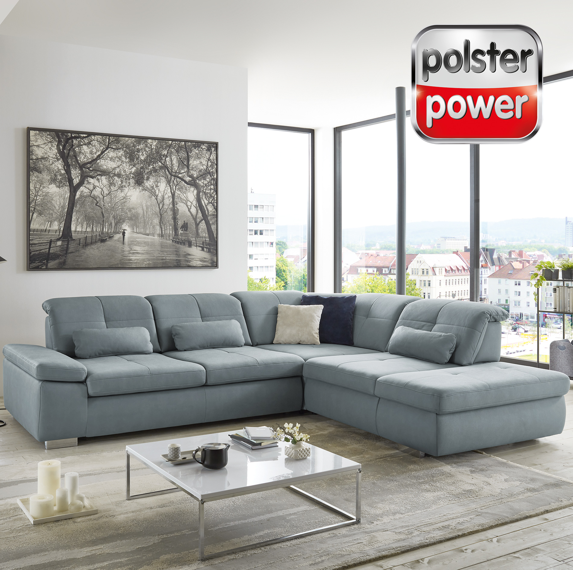 polsterpower Ecksofa - steel - Microfaser - Liegefunktion - Anstellhocker rechts