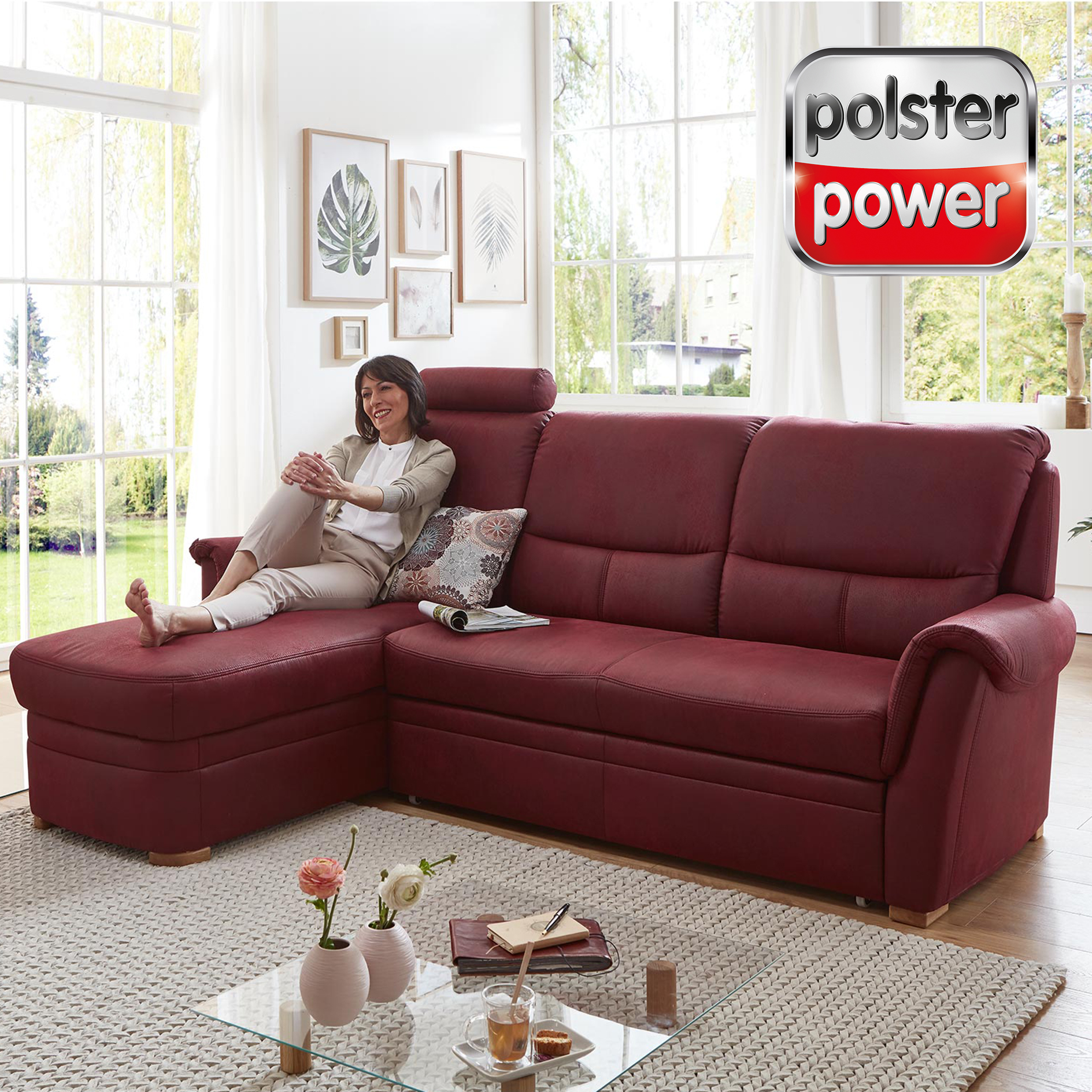 polsterpower Ecksofa - wine - mit Liegefunktion und Staukasten - Canapé links
