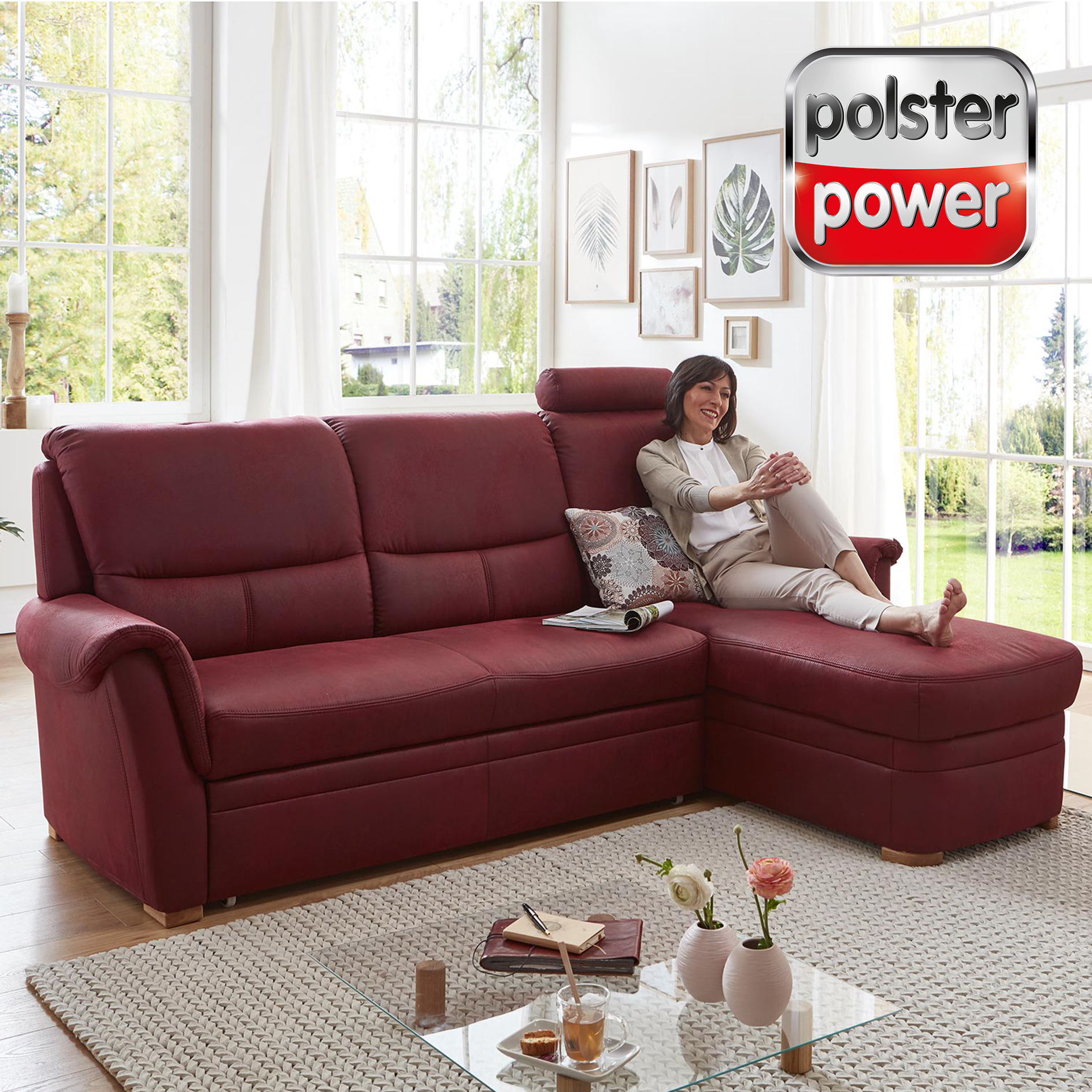 polsterpower Ecksofa - wine - mit Liegefunktion und Staukasten - Canapé rechts