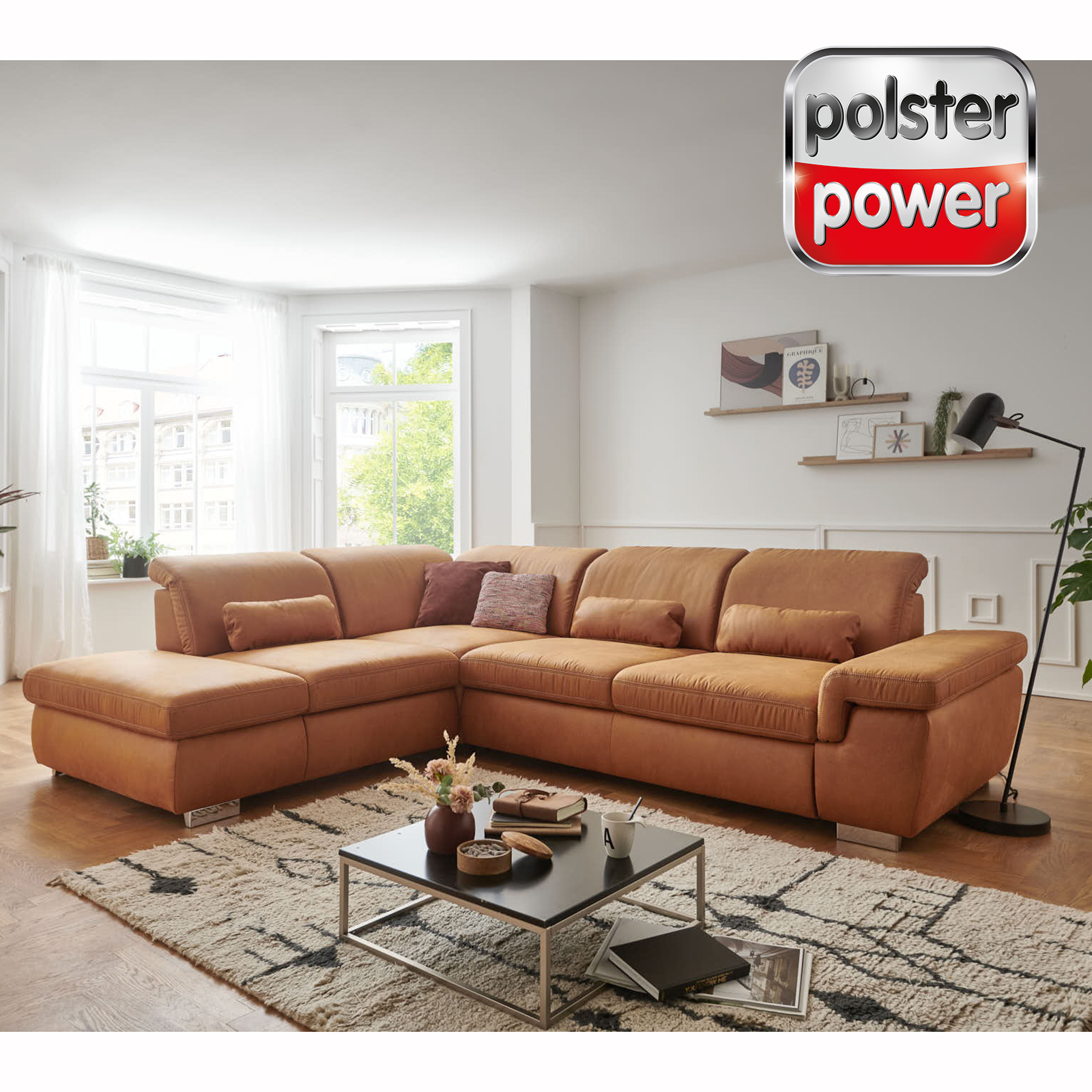 polsterpower Ecksofa - zimt - mit Funktionen - Anstellhocker links