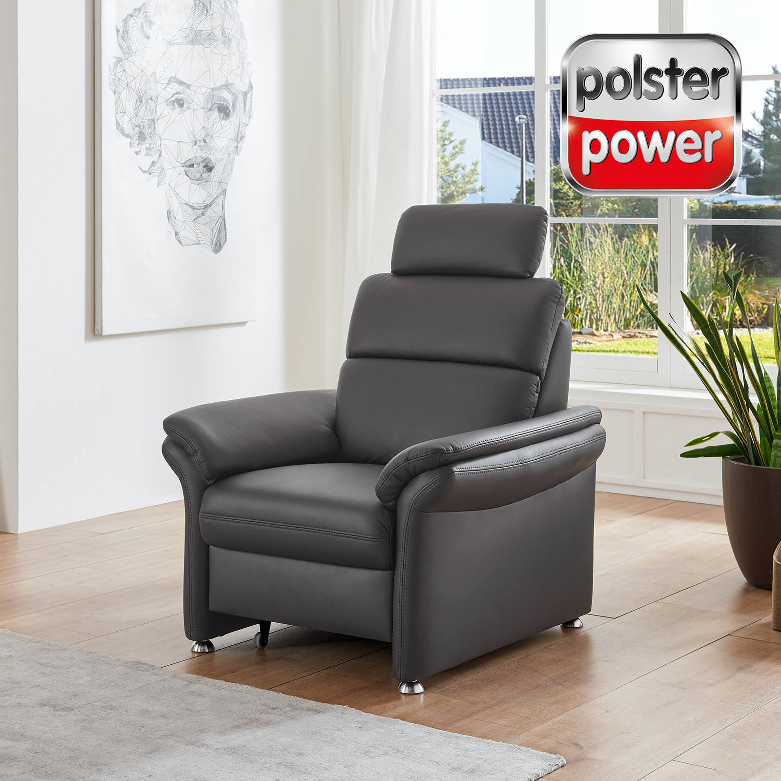 polsterpower Ledersessel - schwarz - inklusive Kopfstütze