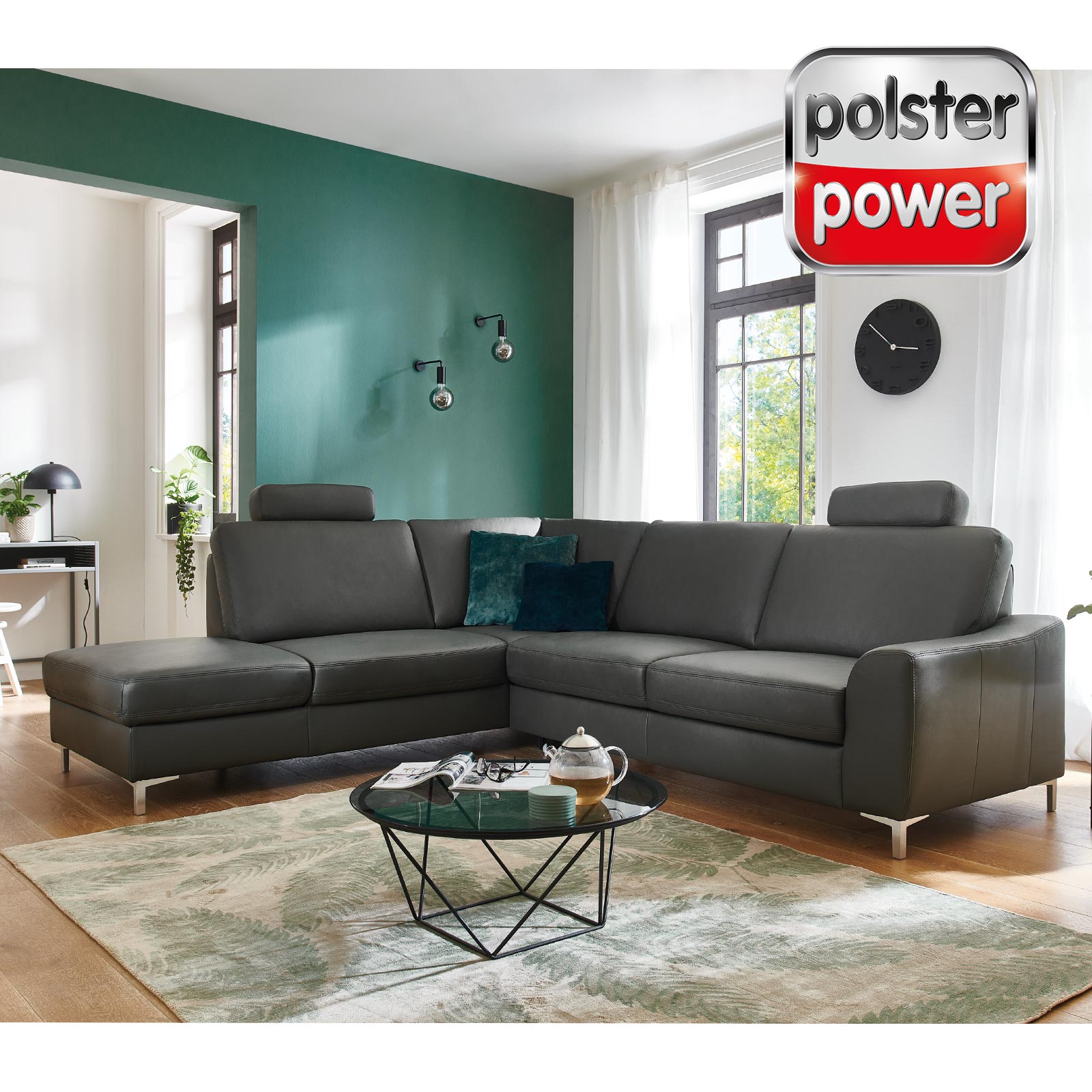polsterpower Ledersofa - anthrazit - Anstellhocker links - mit Funktionen