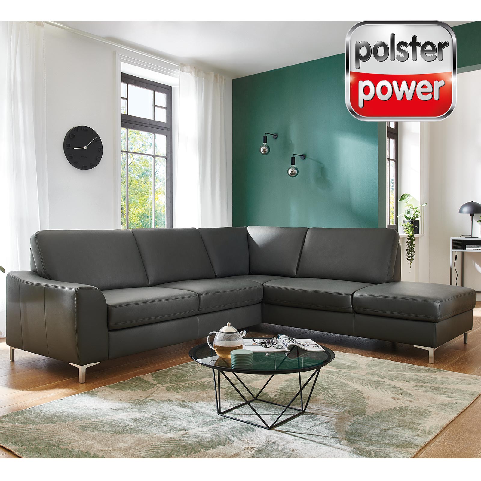 polsterpower Ledersofa - anthrazit - Anstellhocker rechts - Basismodell