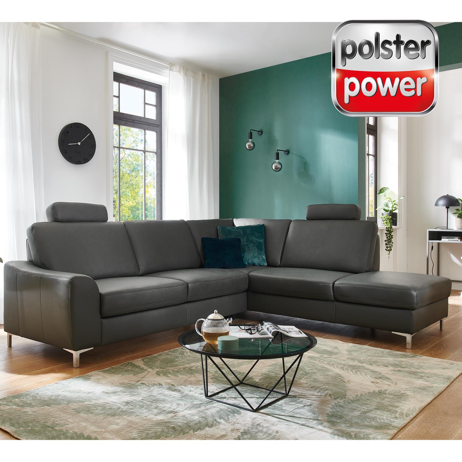 polsterpower Ledersofa - anthrazit - Anstellhocker rechts - mit Funktionen