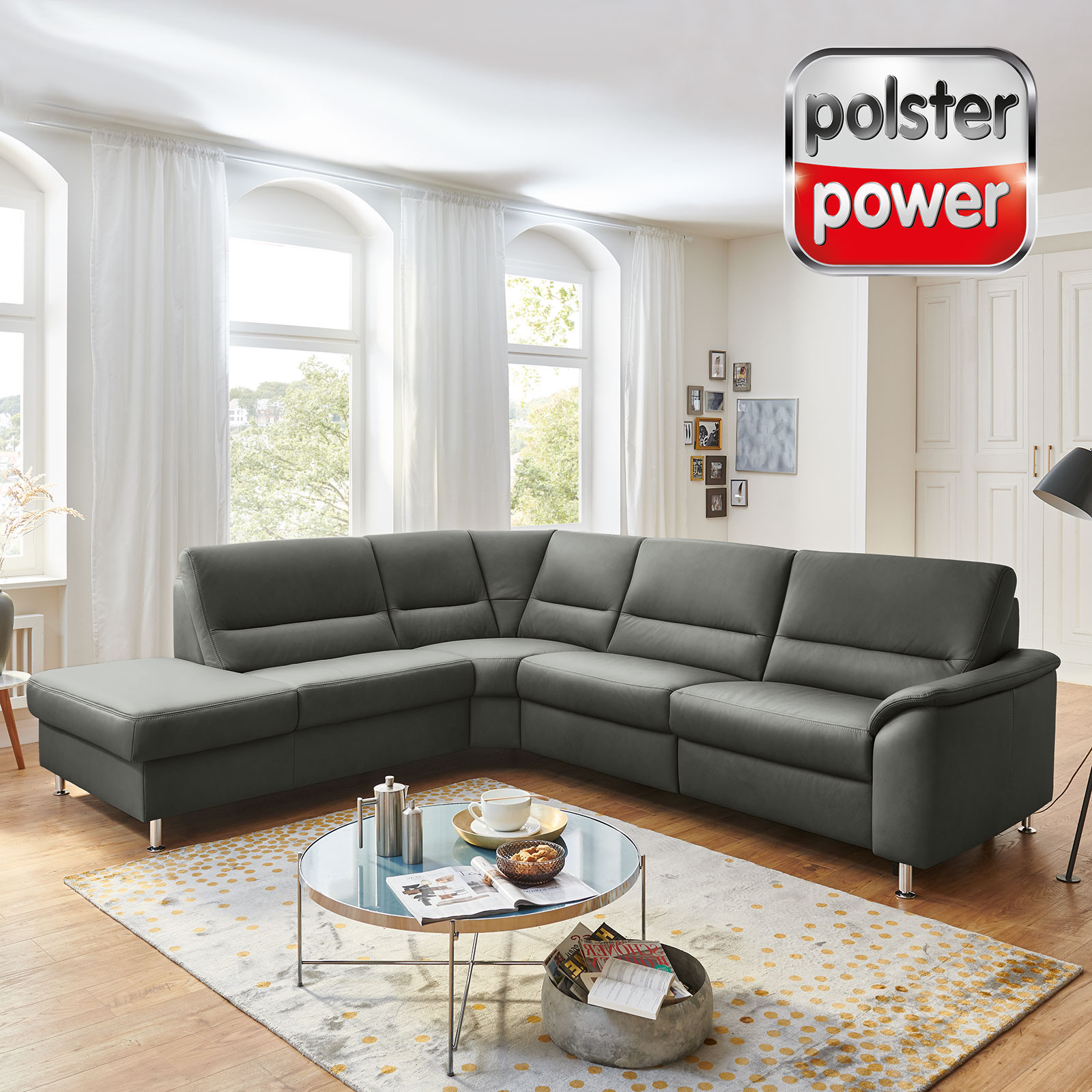 polsterpower Ledersofa - anthrazit - Basismodell - Anstellhocker links