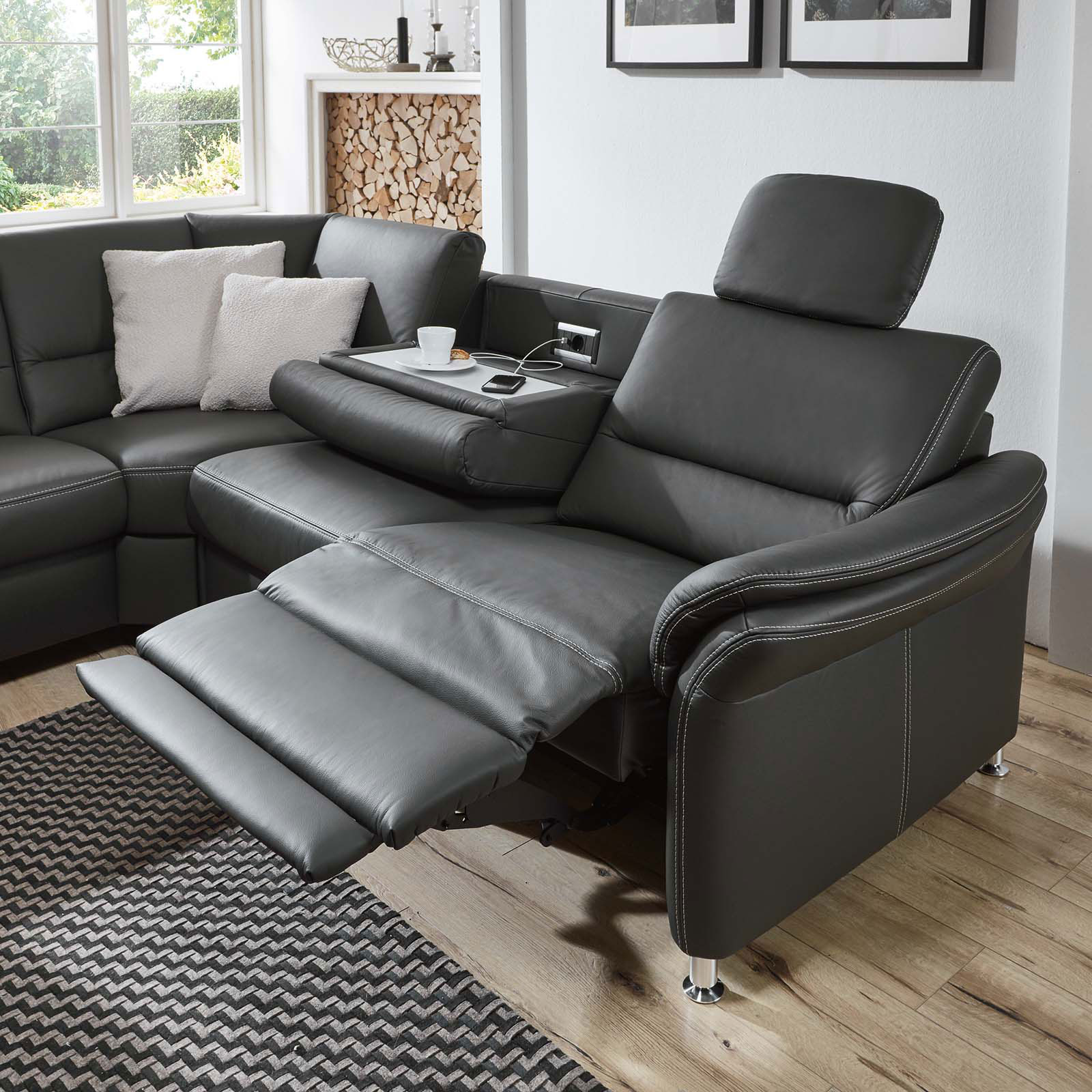 polsterpower Ledersofa - anthrazit - mit Funktionen - 2-Sitzer links