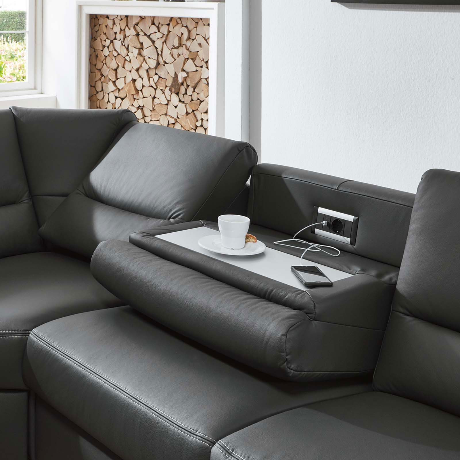 polsterpower Ledersofa - anthrazit - mit Funktionen - 2-Sitzer links