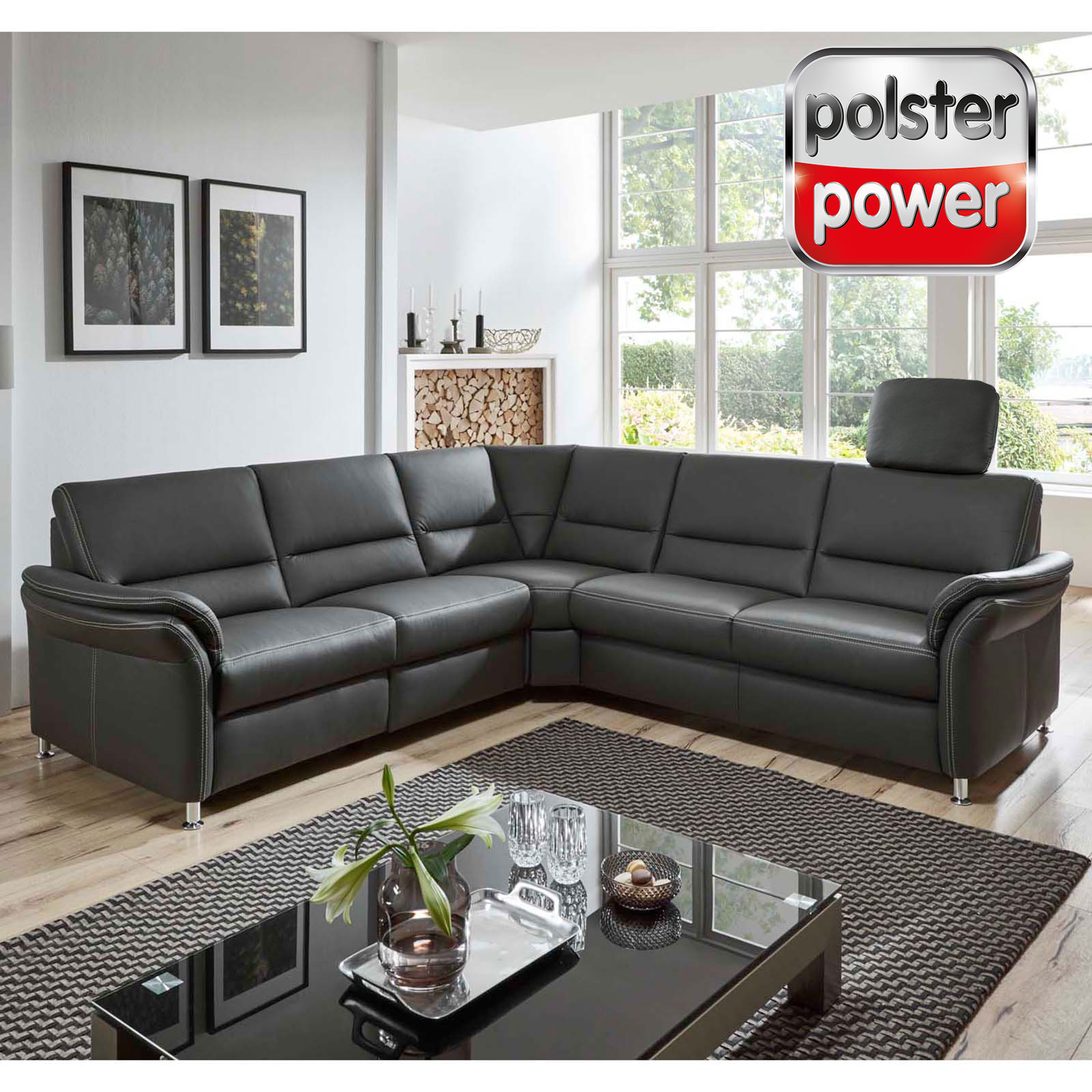 polsterpower Ledersofa - anthrazit - mit Funktionen - 2-Sitzer links