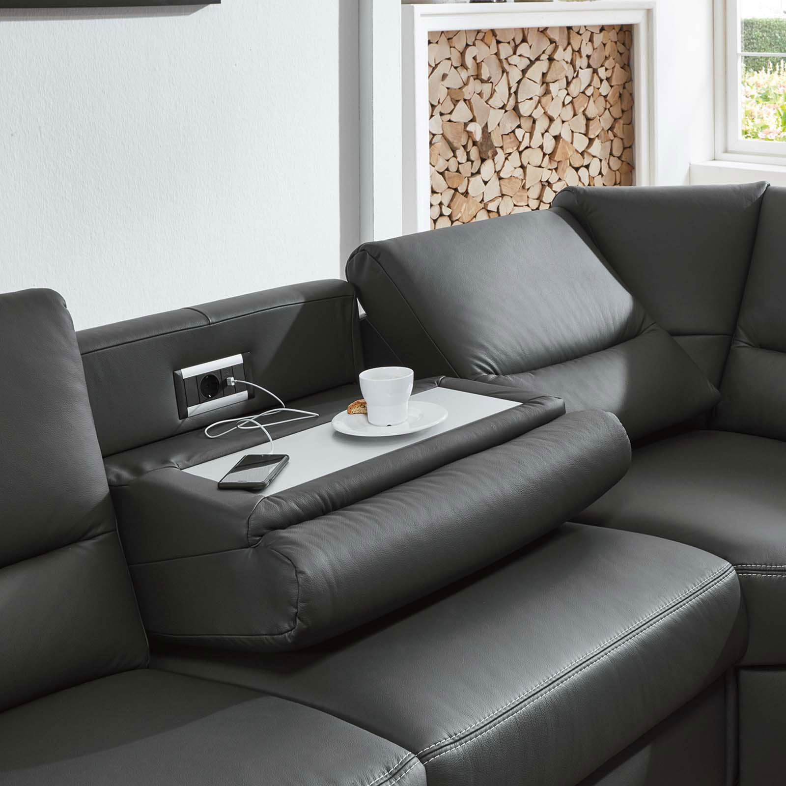 polsterpower Ledersofa - anthrazit - mit Funktionen - 2-Sitzer rechts