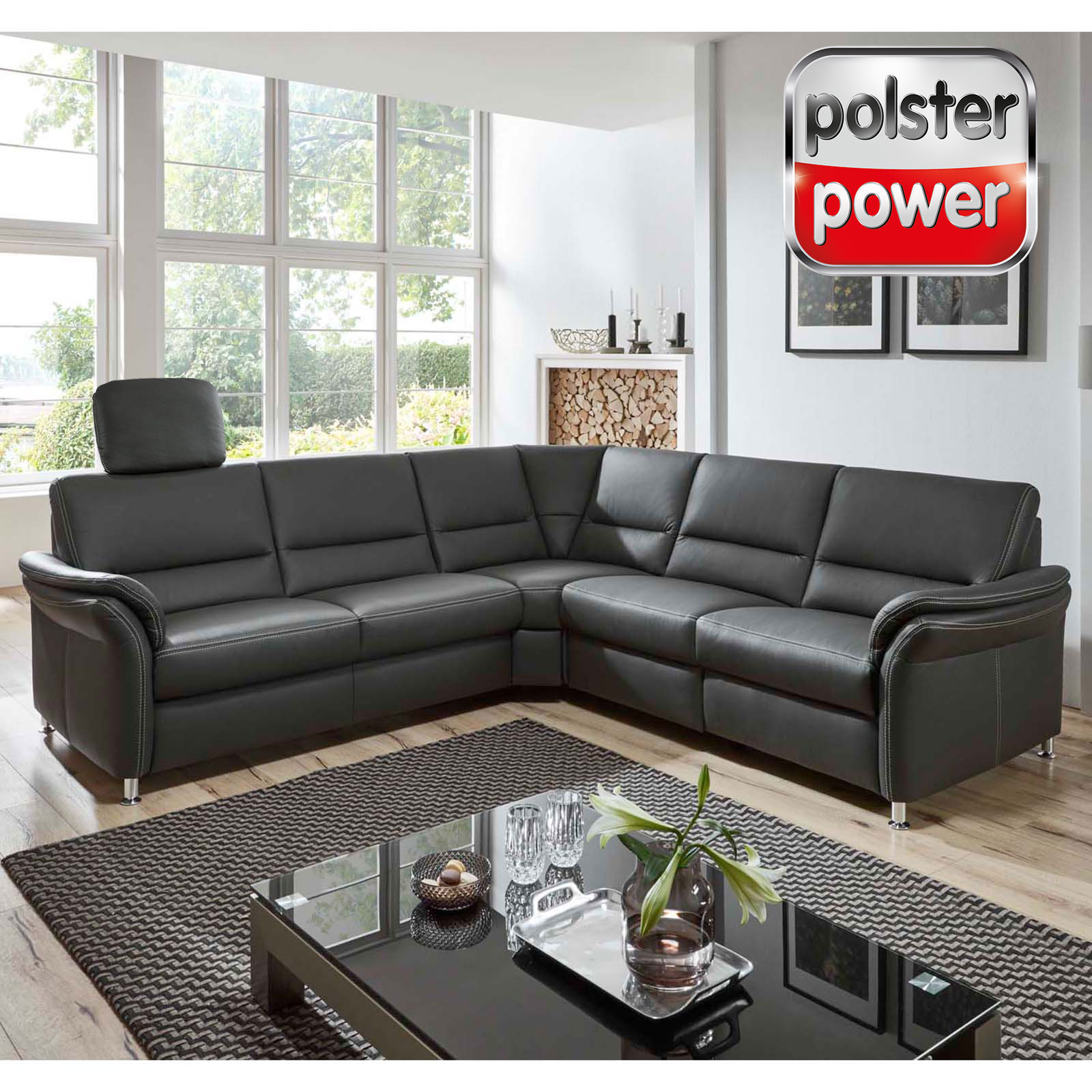 polsterpower Ledersofa - anthrazit - mit Funktionen - 2-Sitzer rechts