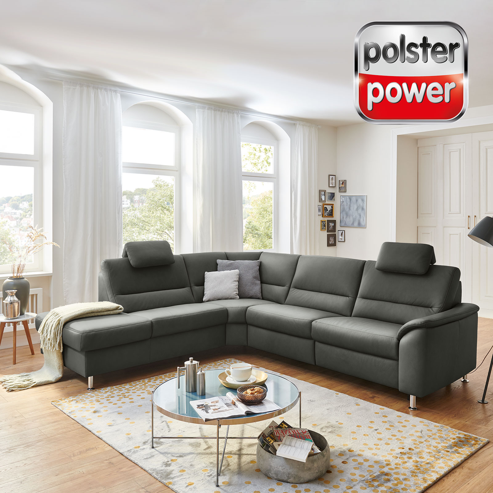 polsterpower Ledersofa - anthrazit - mit Funktionen - Anstellhocker links
