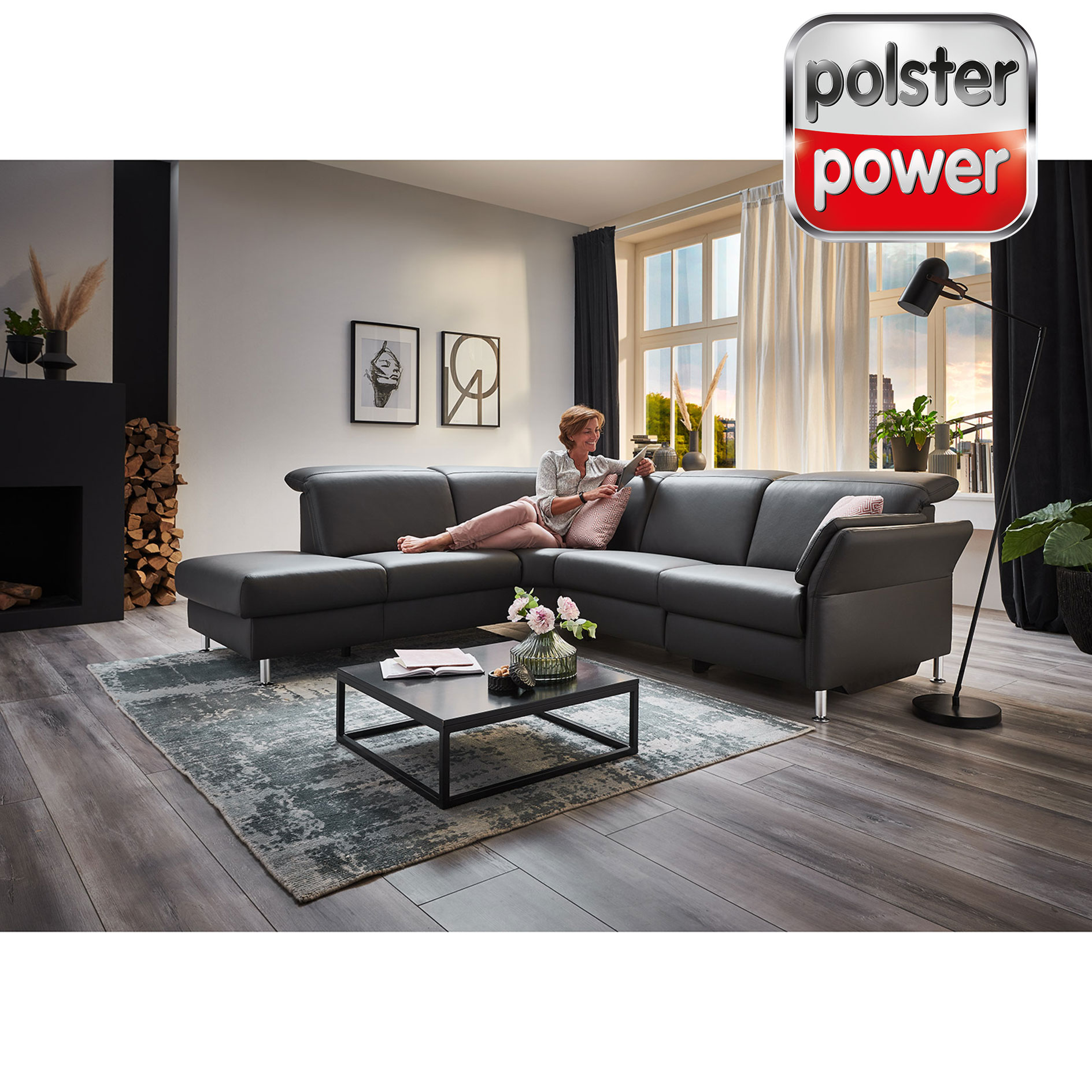 polsterpower Ledersofa - anthrazit - mit Funktionen - Anstellhocker links