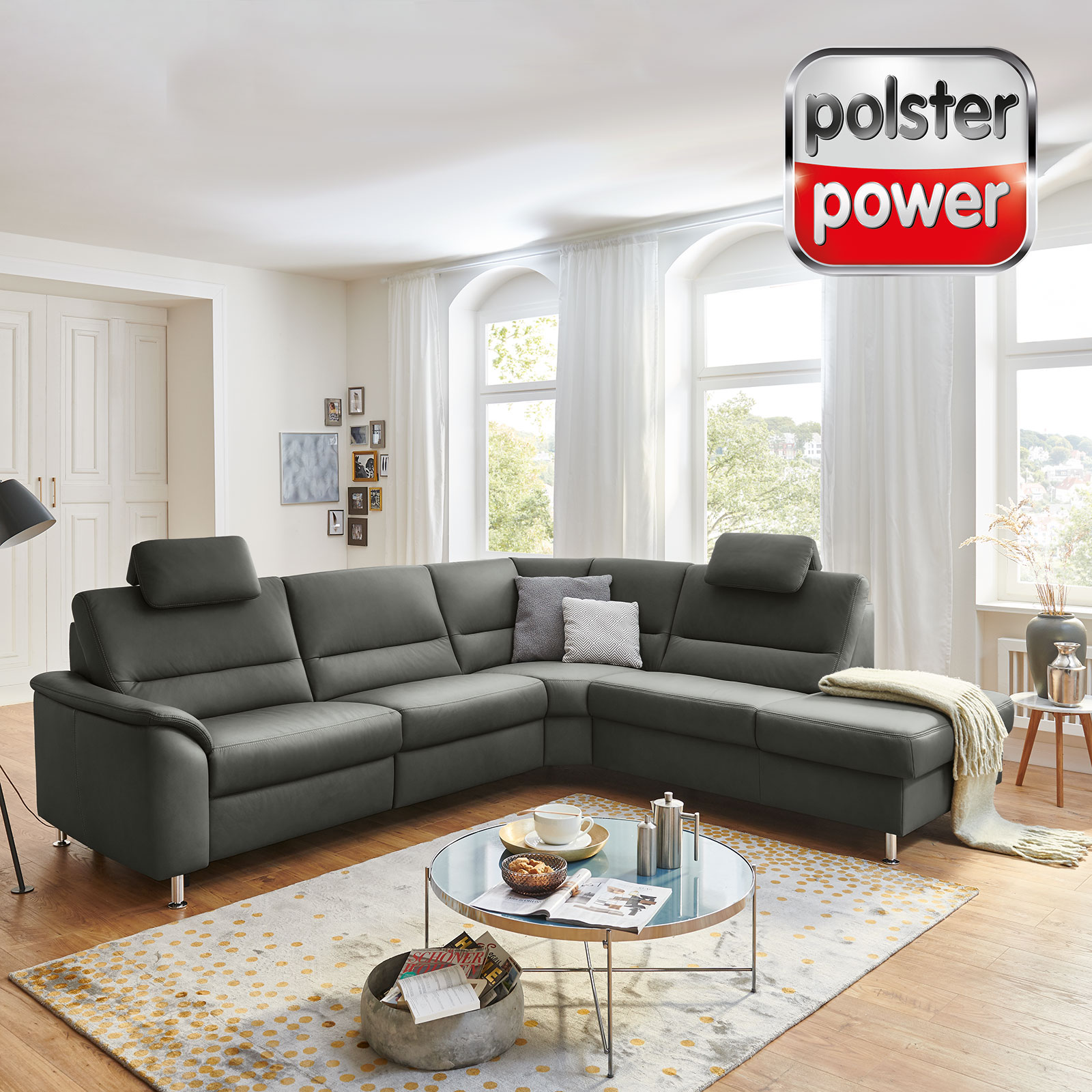 polsterpower Ledersofa - anthrazit - mit Funktionen - Anstellhocker rechts