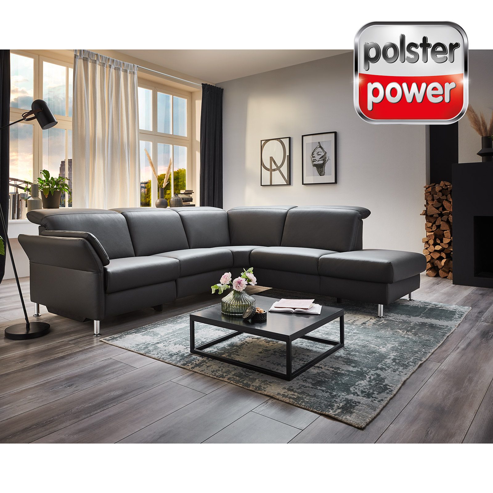 polsterpower Ledersofa - anthrazit - mit Funktionen - Anstellhocker rechts
