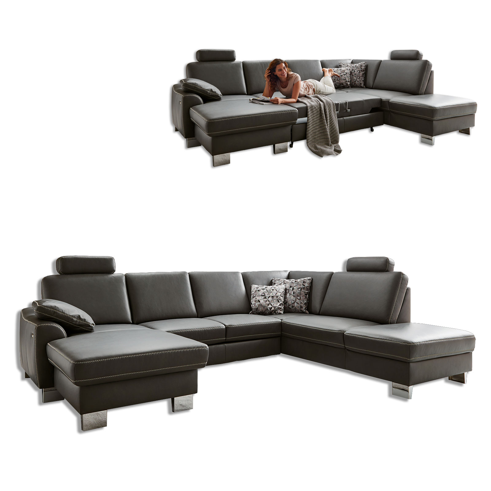 polsterpower Ledersofa - anthrazit - mit Funktionen - Canapé links