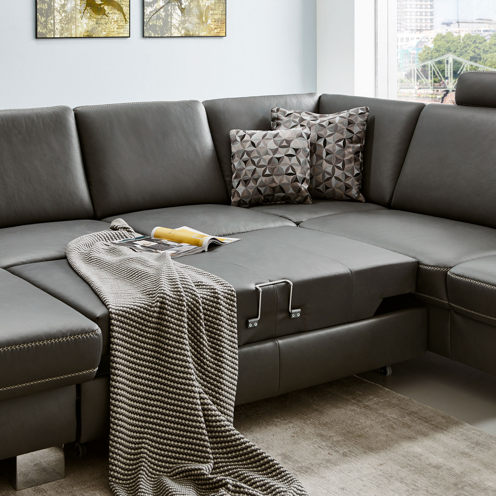 polsterpower Ledersofa - anthrazit - mit Funktionen - Canapé links