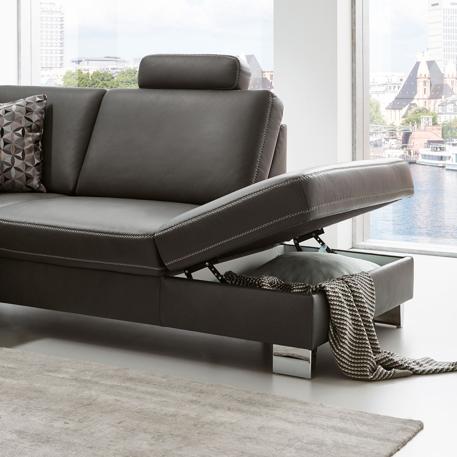 polsterpower Ledersofa - anthrazit - mit Funktionen - Canapé links
