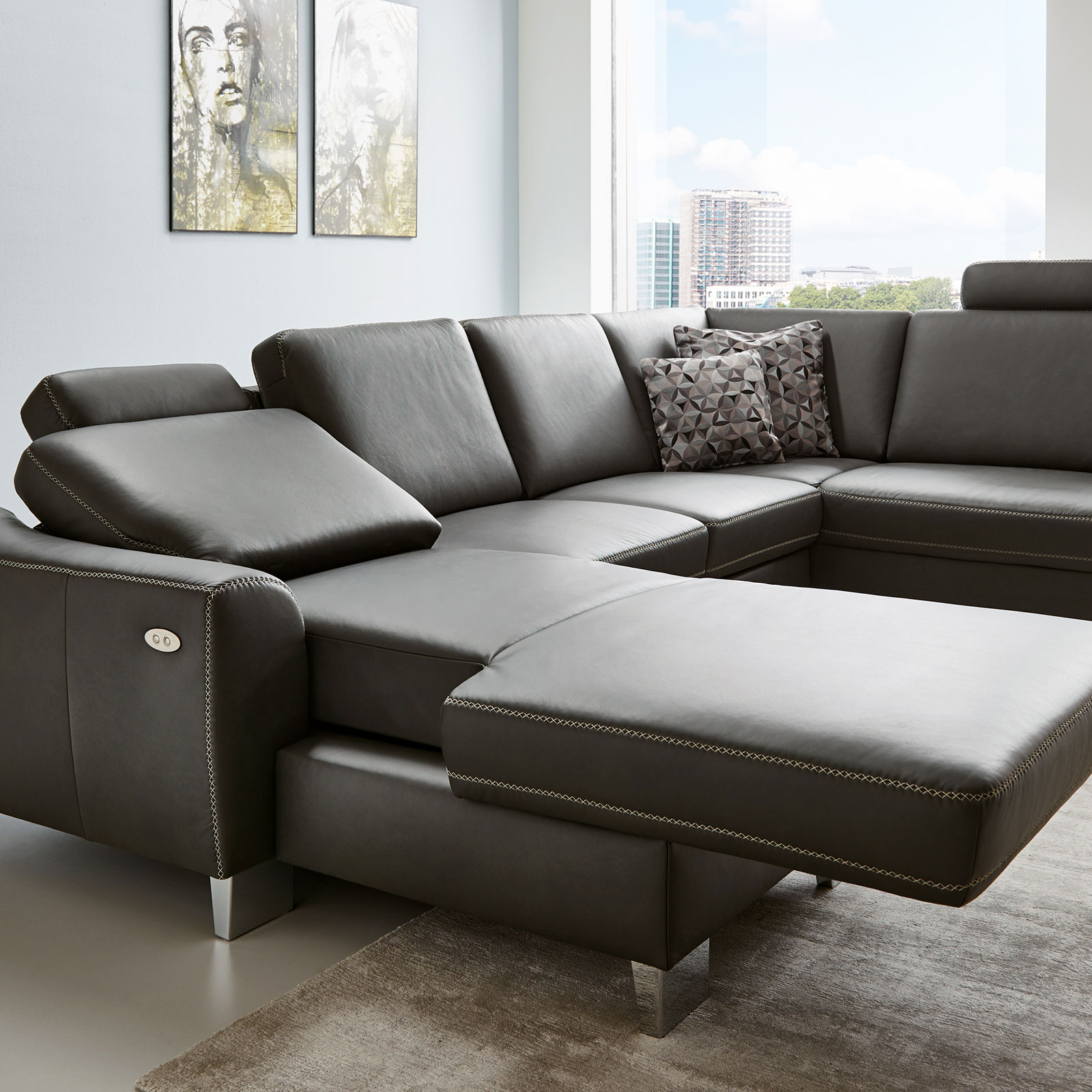 polsterpower Ledersofa - anthrazit - mit Funktionen - Canapé links