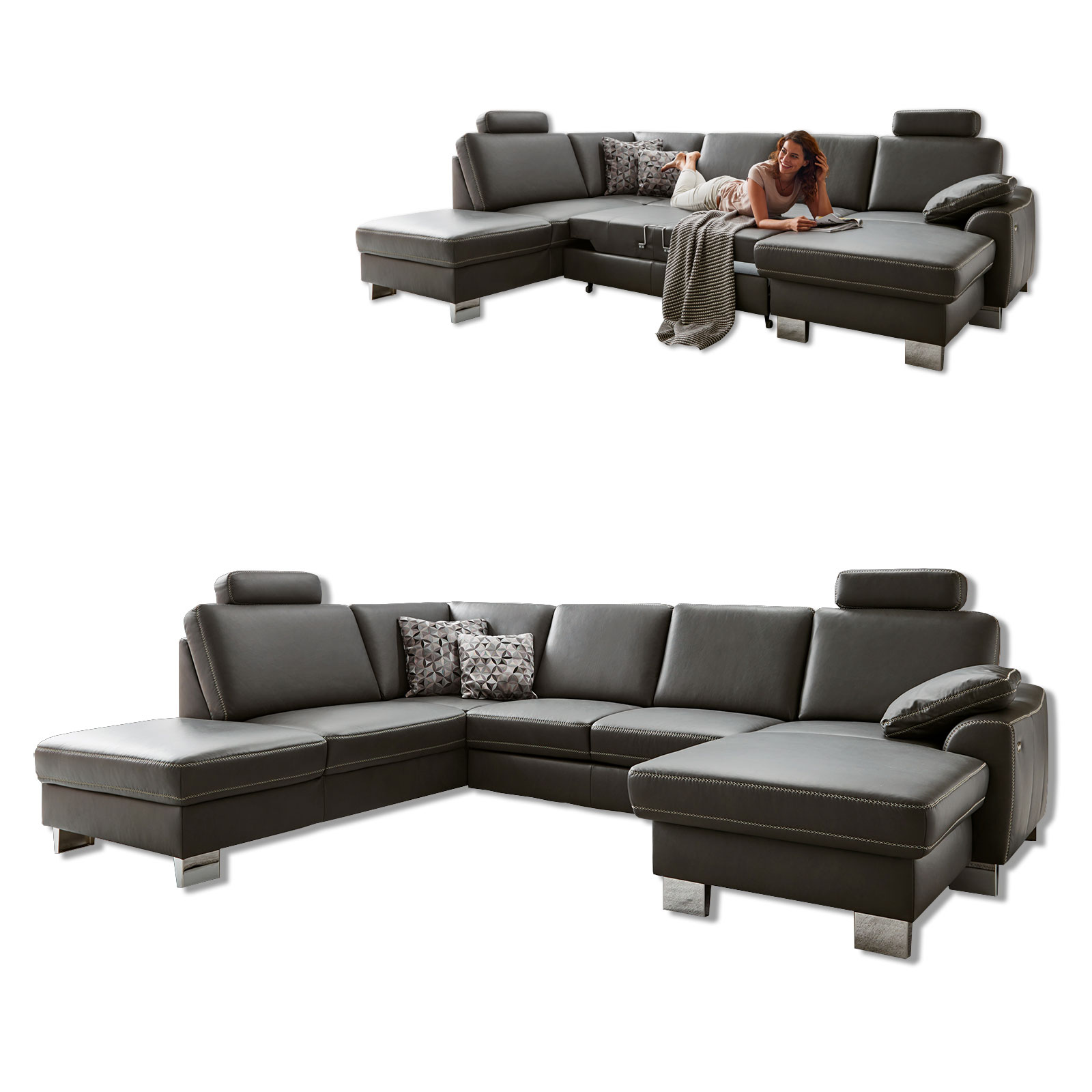 polsterpower Ledersofa - anthrazit - mit Funktionen - Canapé rechts