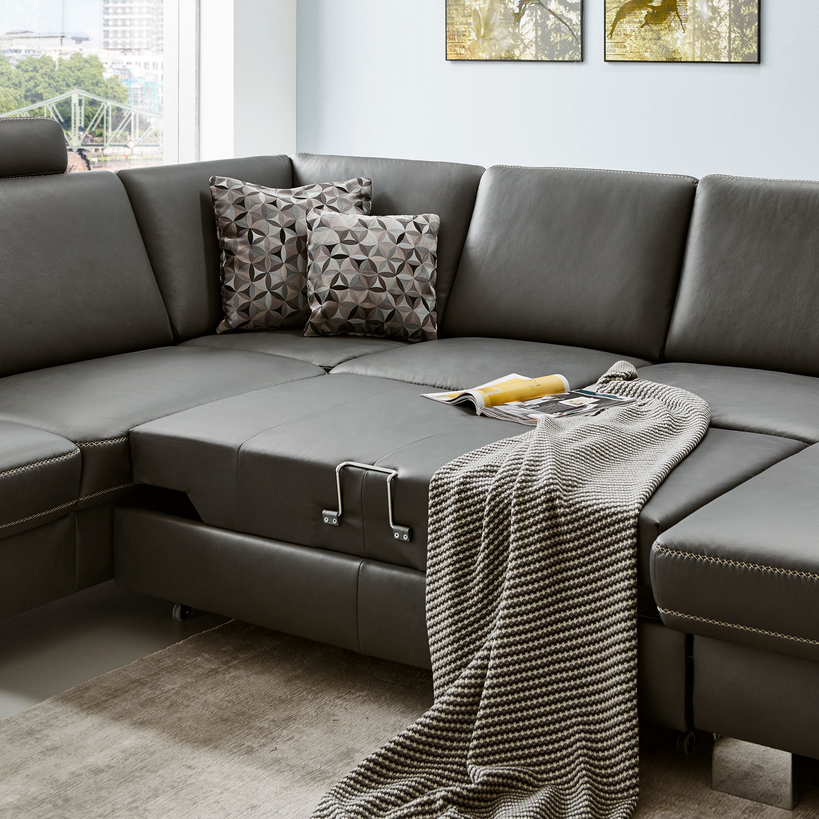 polsterpower Ledersofa - anthrazit - mit Funktionen - Canapé rechts