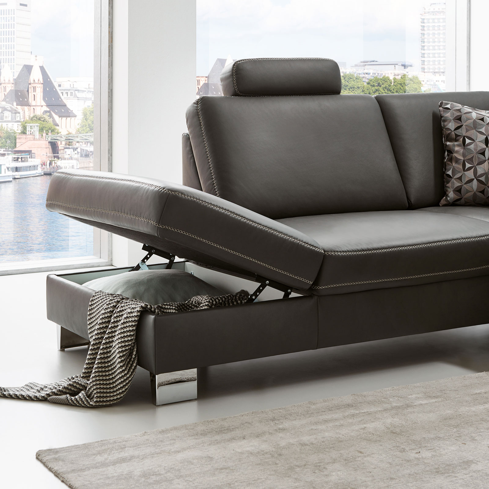 polsterpower Ledersofa - anthrazit - mit Funktionen - Canapé rechts