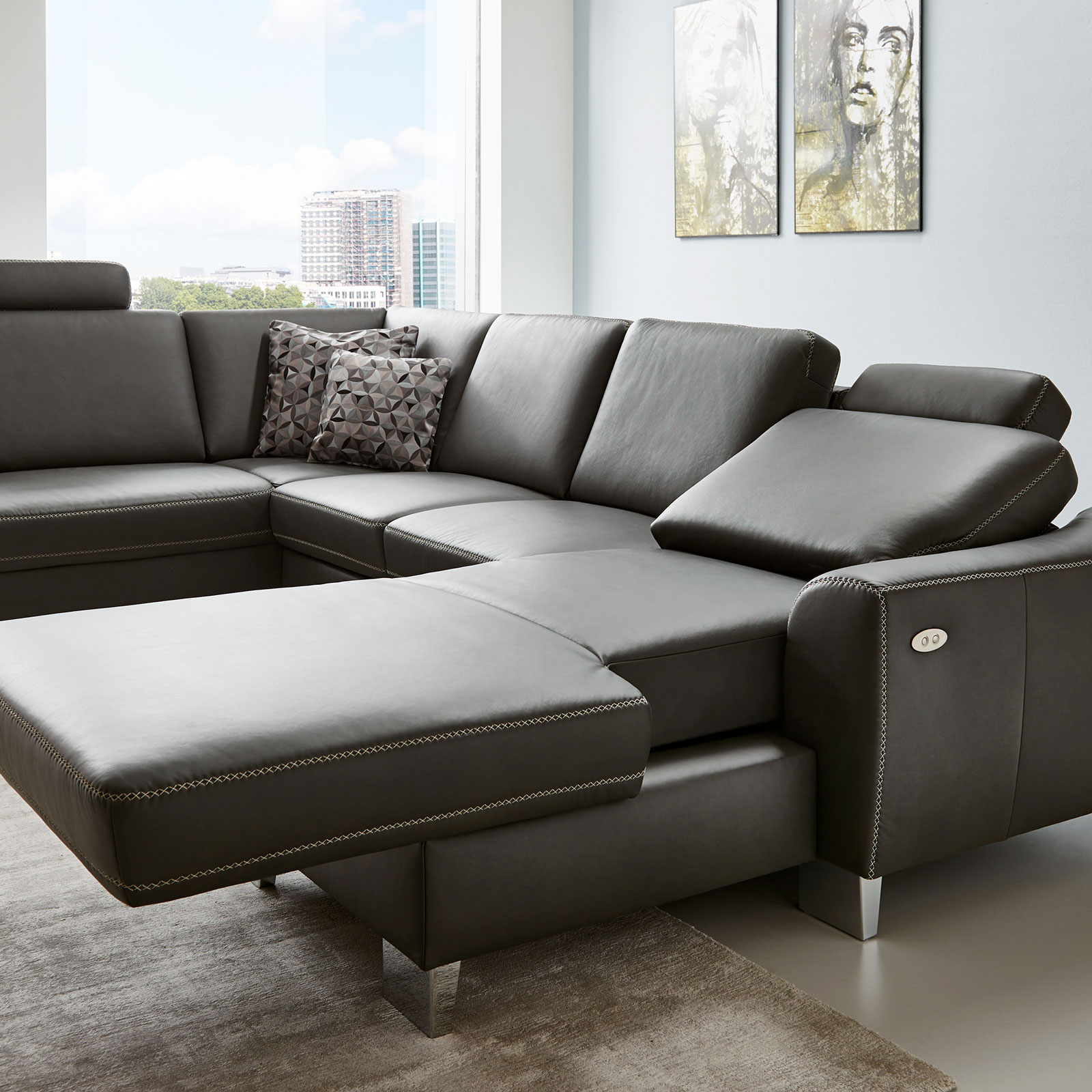 polsterpower Ledersofa - anthrazit - mit Funktionen - Canapé rechts