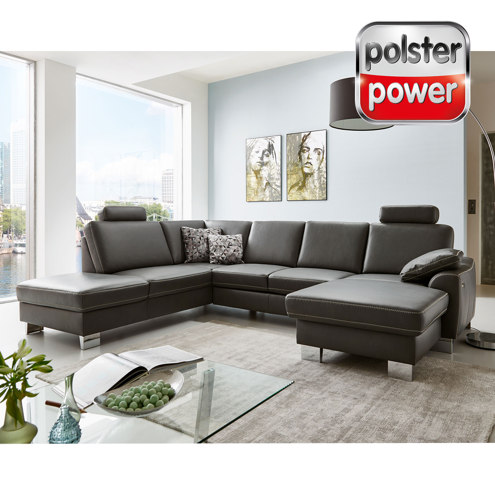 polsterpower Ledersofa - anthrazit - mit Funktionen - Canapé rechts