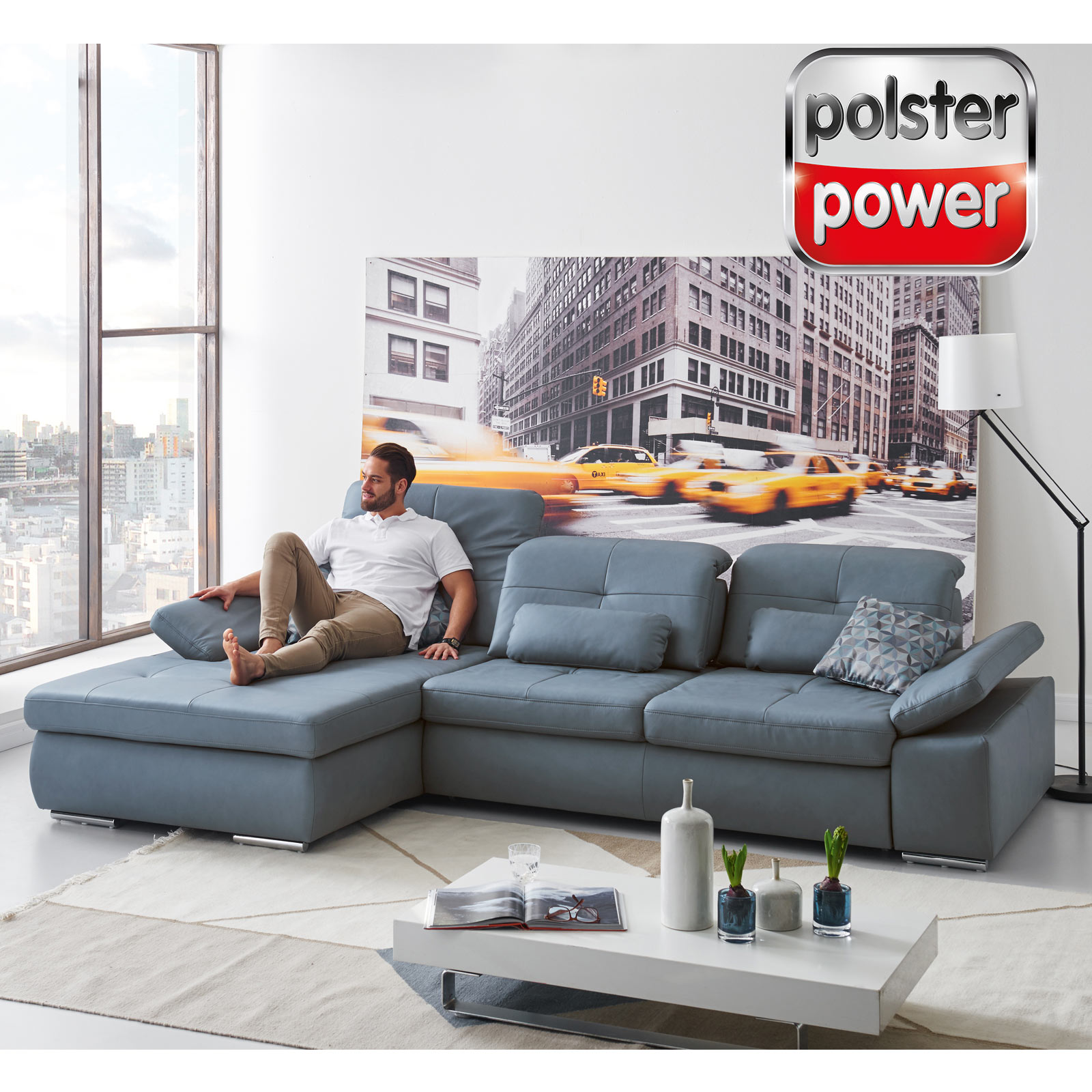 polsterpower Ledersofa - blau - mit Funktionen - Ottomane links