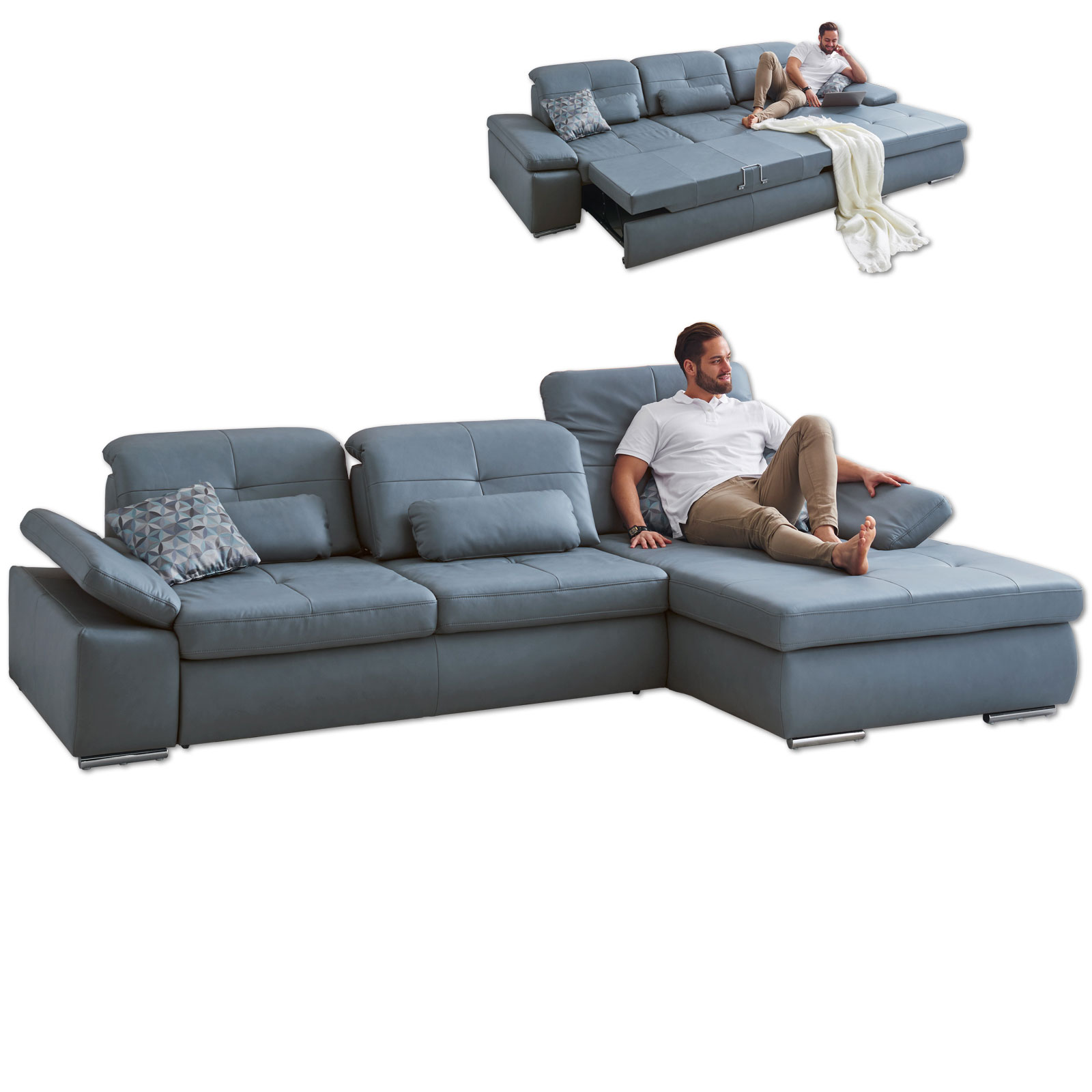 polsterpower Ledersofa - blau - mit Funktionen - Ottomane rechts