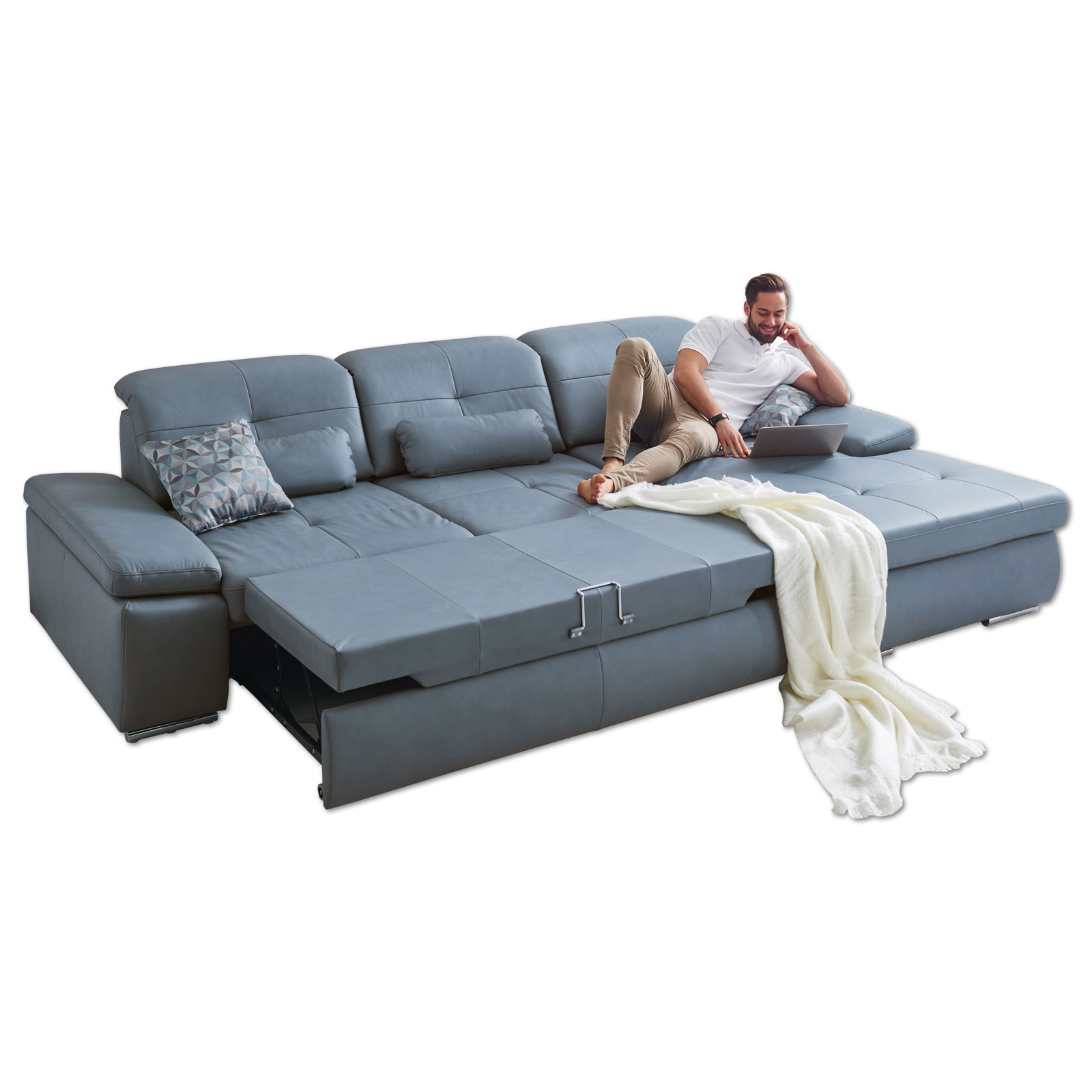 polsterpower Ledersofa - blau - mit Funktionen - Ottomane rechts