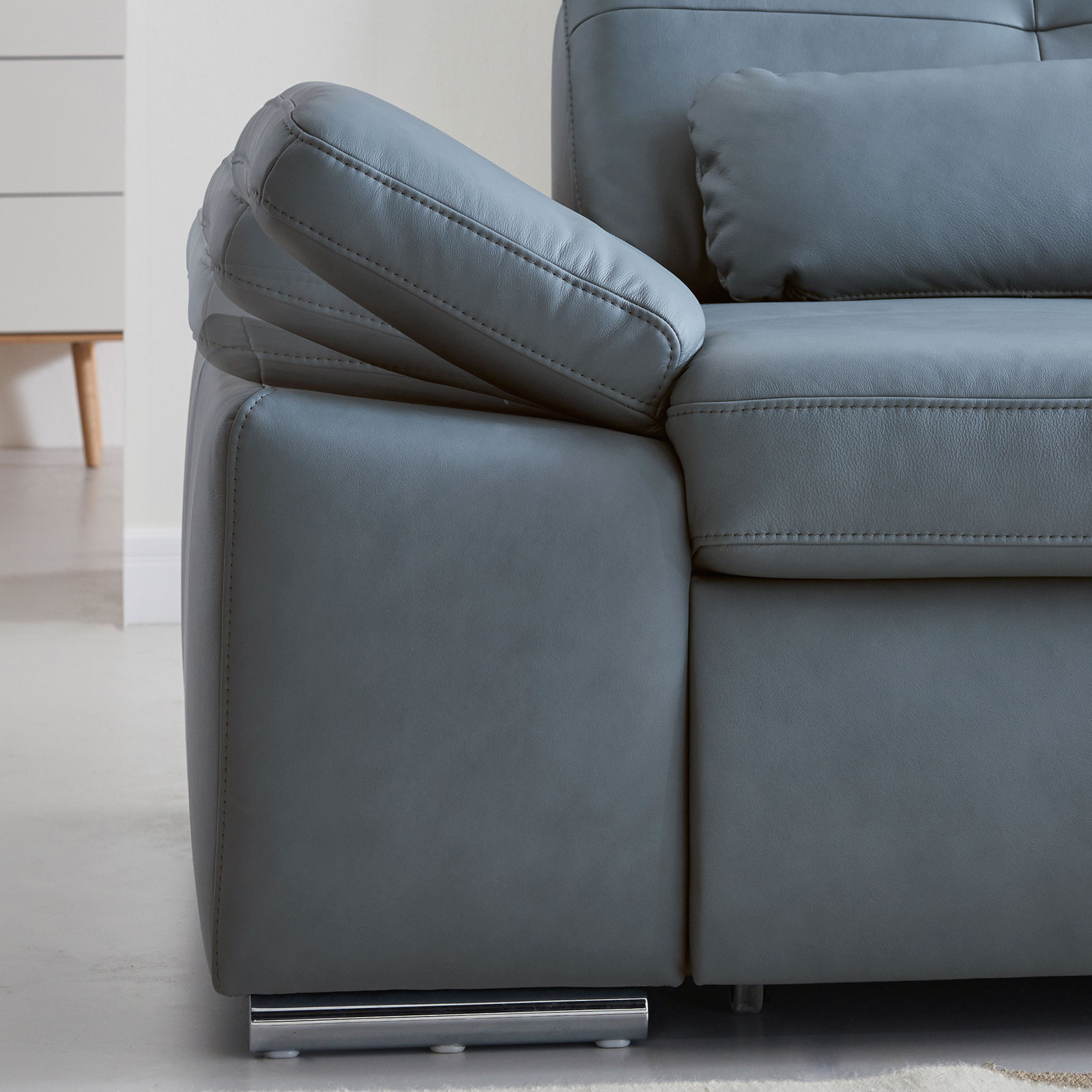 polsterpower Ledersofa - blau - mit Funktionen - Ottomane rechts