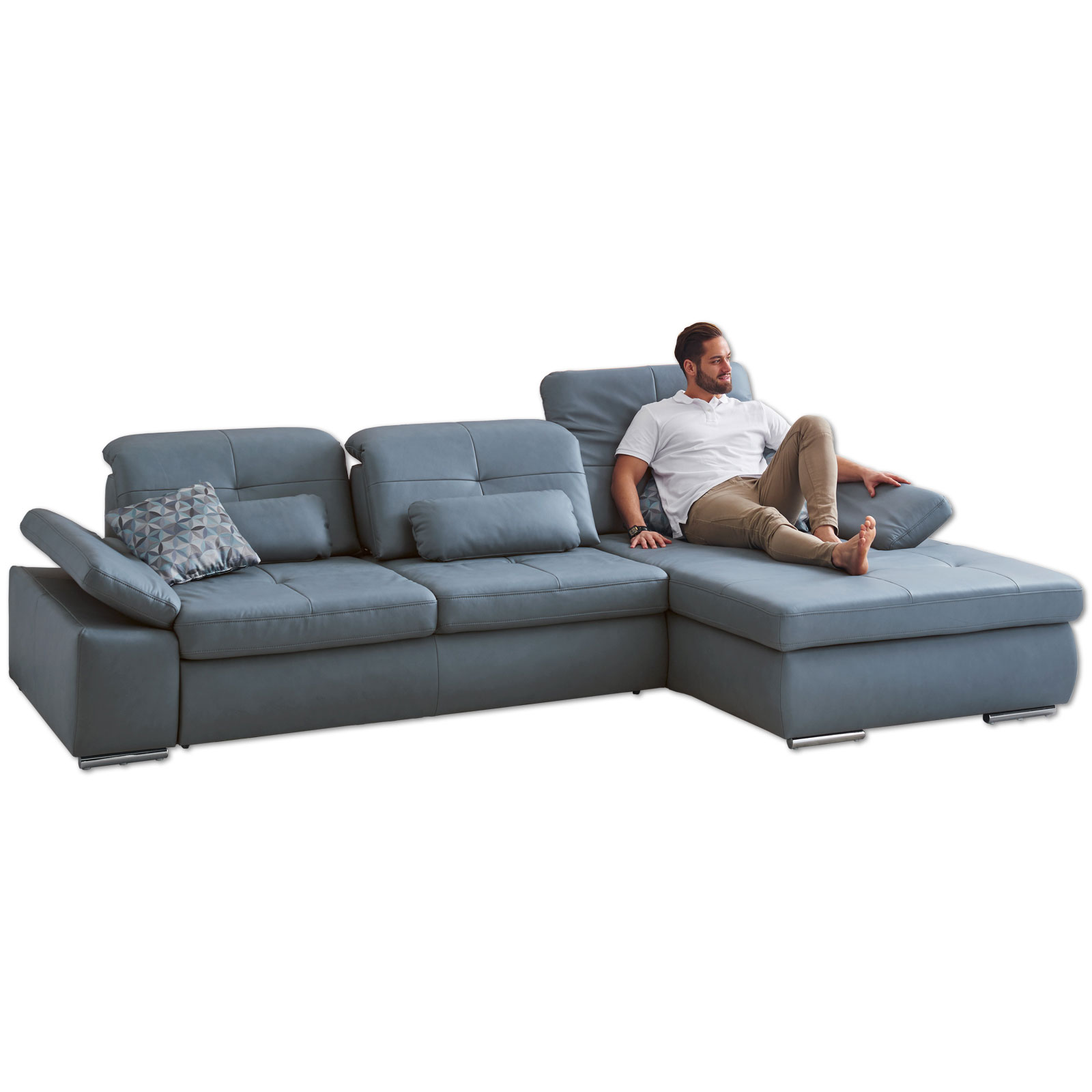 polsterpower Ledersofa - blau - mit Funktionen - Ottomane rechts