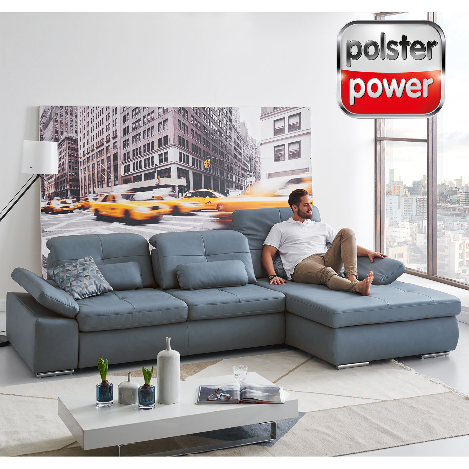 polsterpower Ledersofa - blau - mit Funktionen - Ottomane rechts