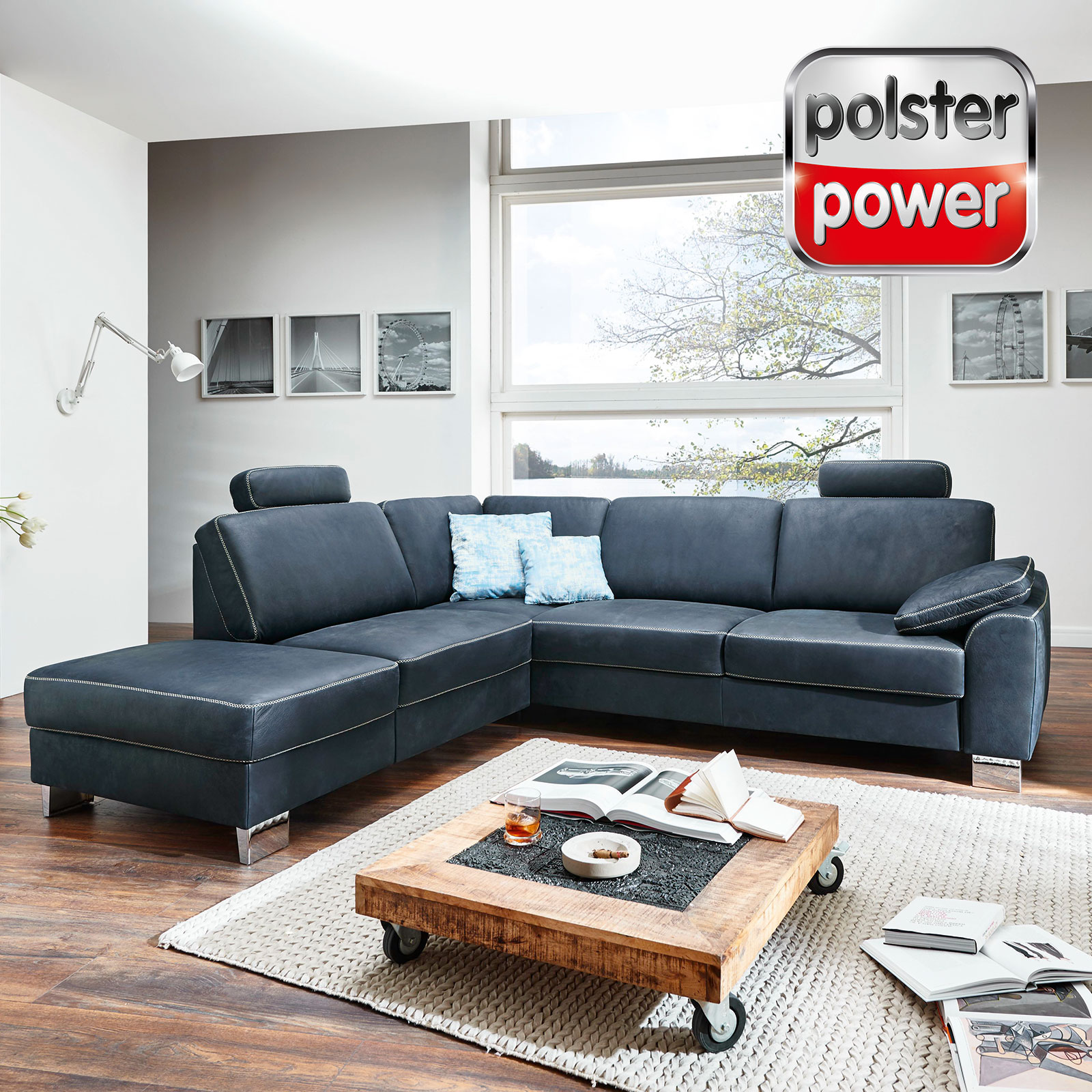 polsterpower Ledersofa - dunkelblau - Basismodell - Kombielement links