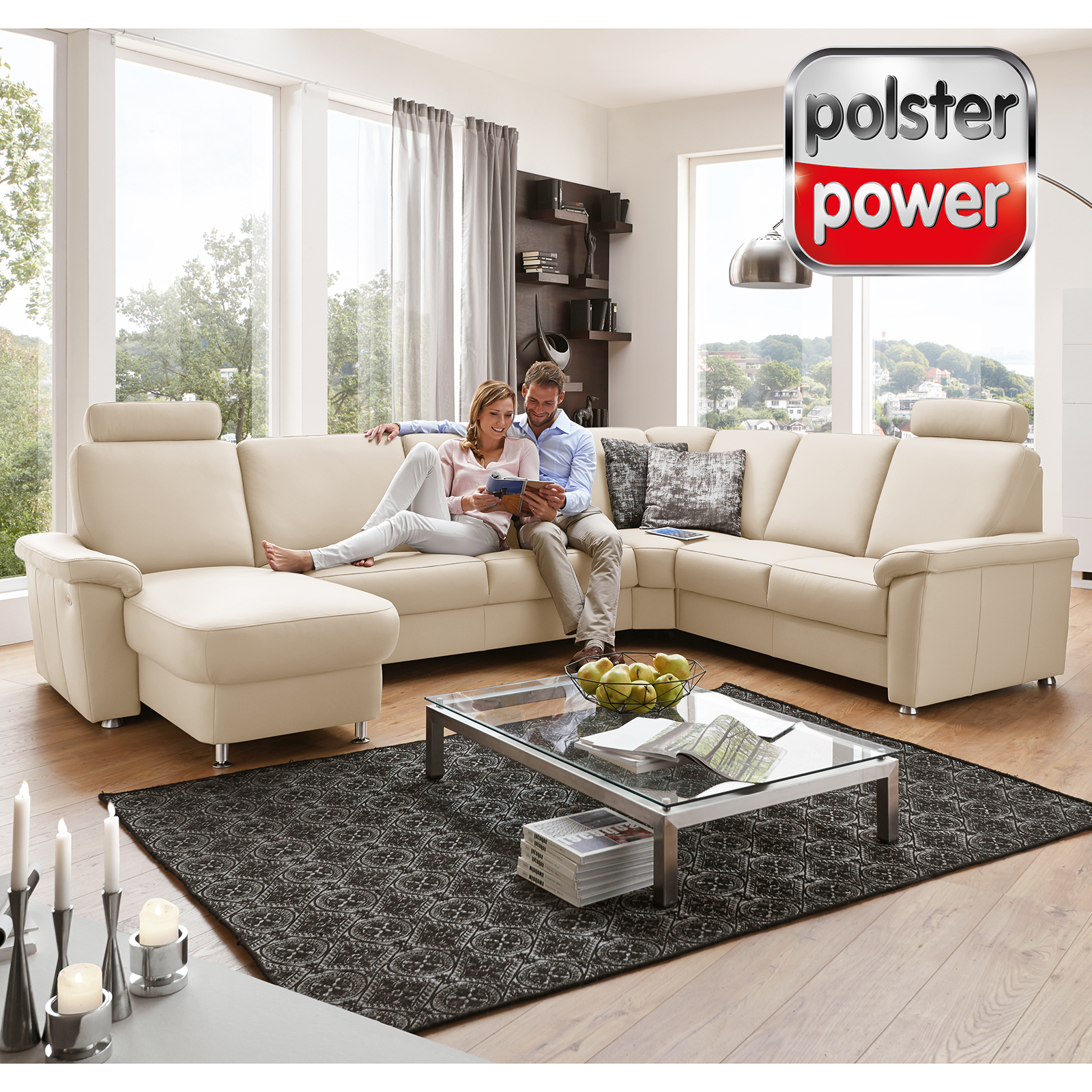 polsterpower Ledersofa - ecru - mit Funktionen - Canape links