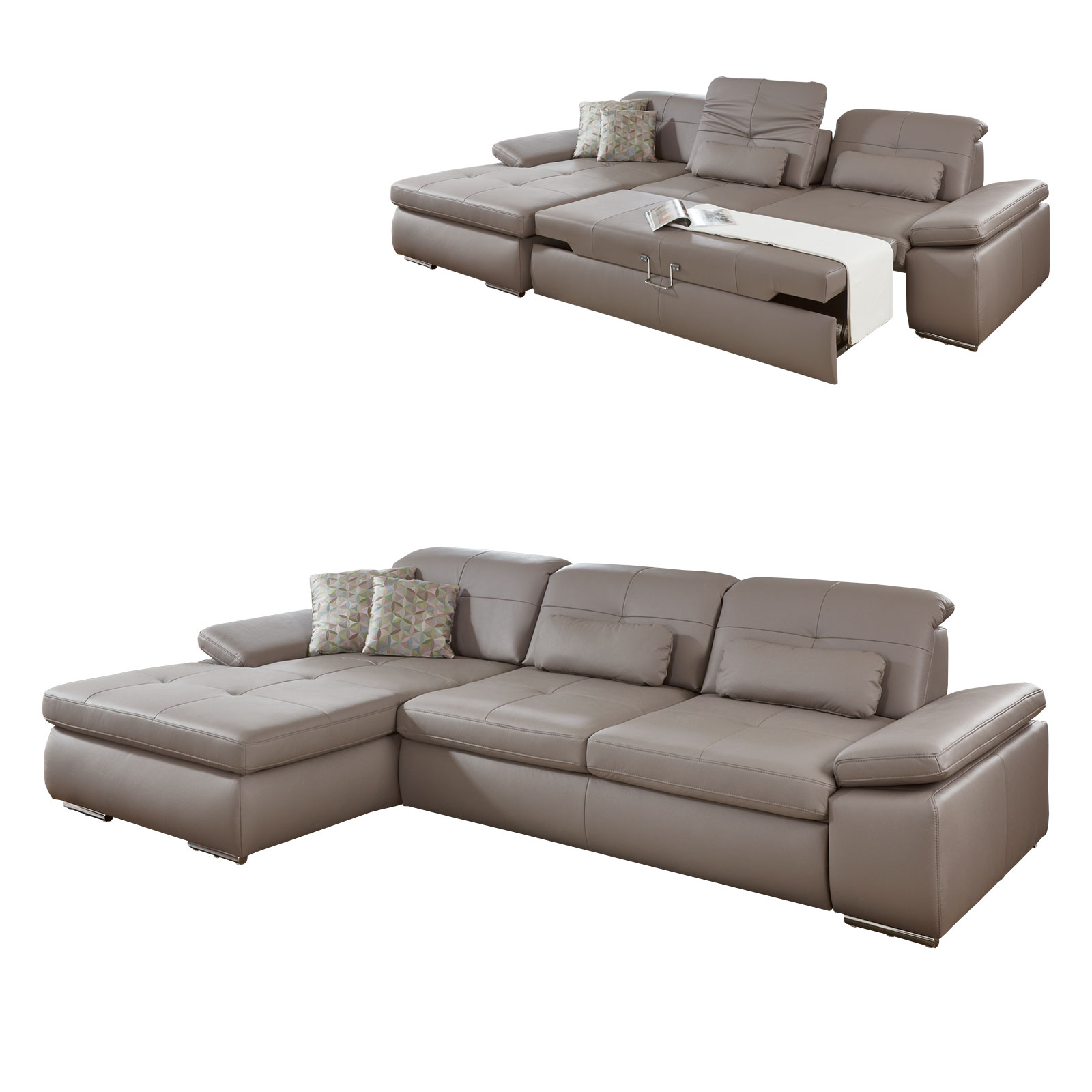 polsterpower Ledersofa - granit - Liegefunktion - Recamiere links