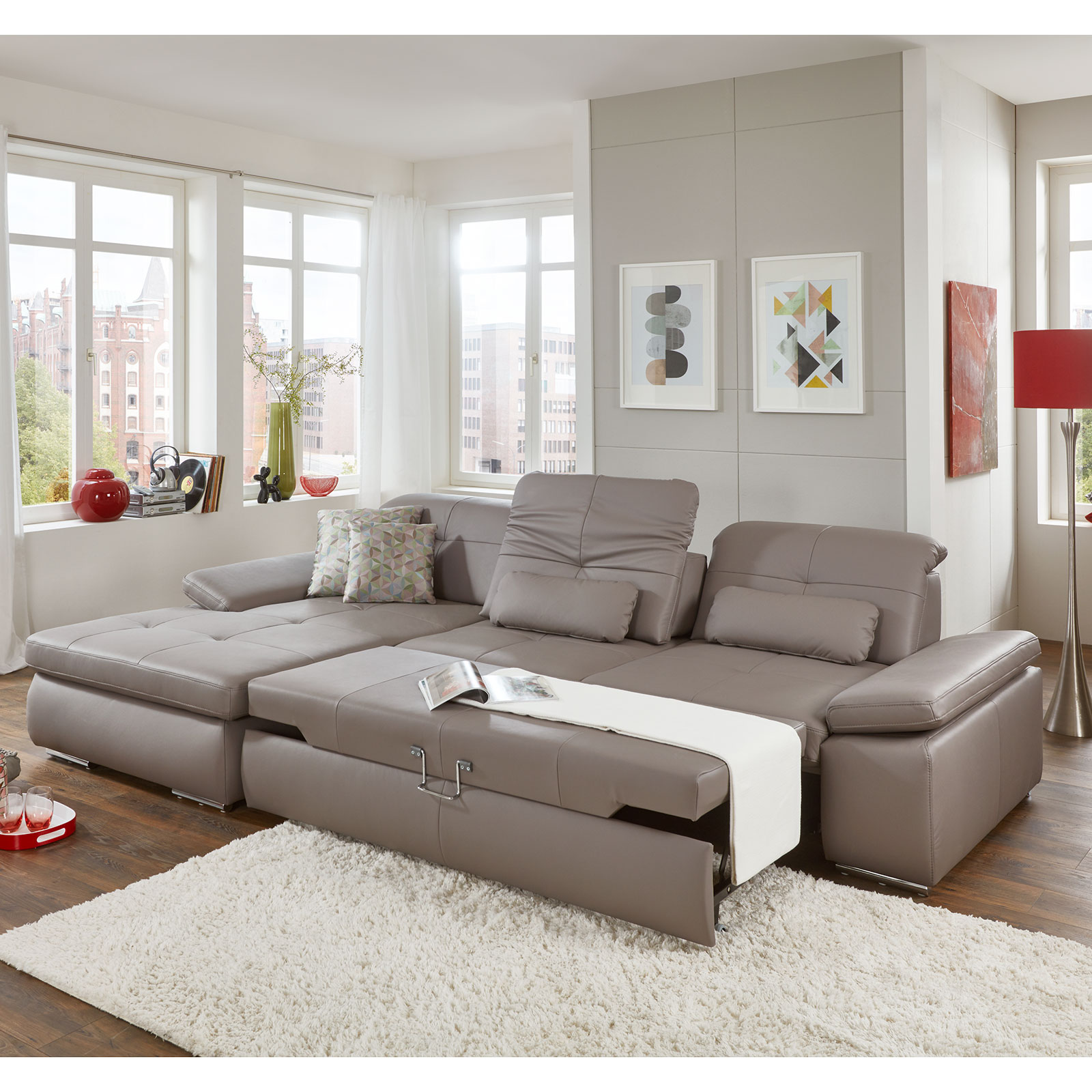 polsterpower Ledersofa - granit - Liegefunktion - Recamiere links