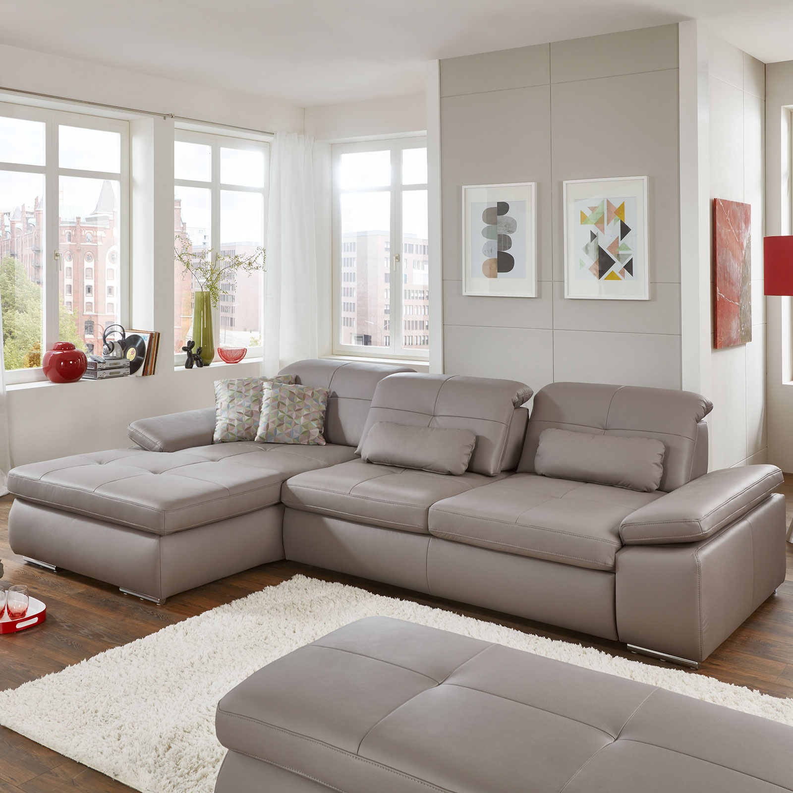 polsterpower Ledersofa - granit - Liegefunktion - Recamiere links