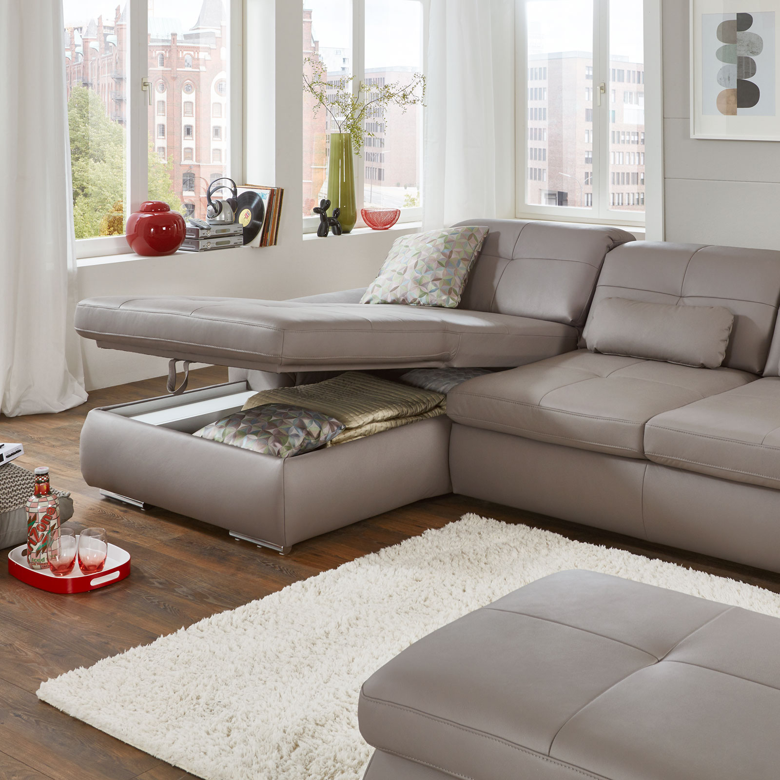 polsterpower Ledersofa - granit - Liegefunktion - Recamiere links