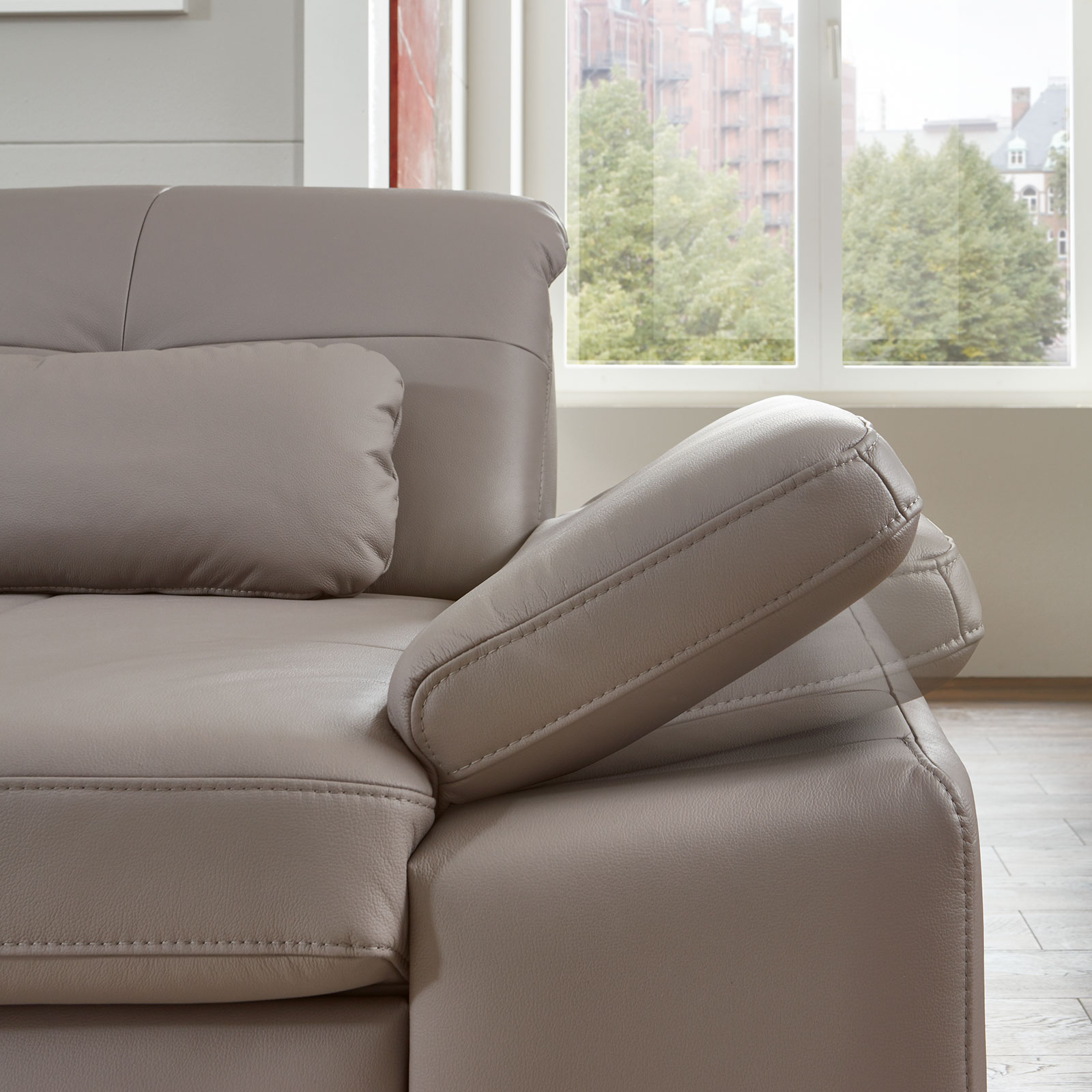 polsterpower Ledersofa - granit - Liegefunktion - Recamiere links
