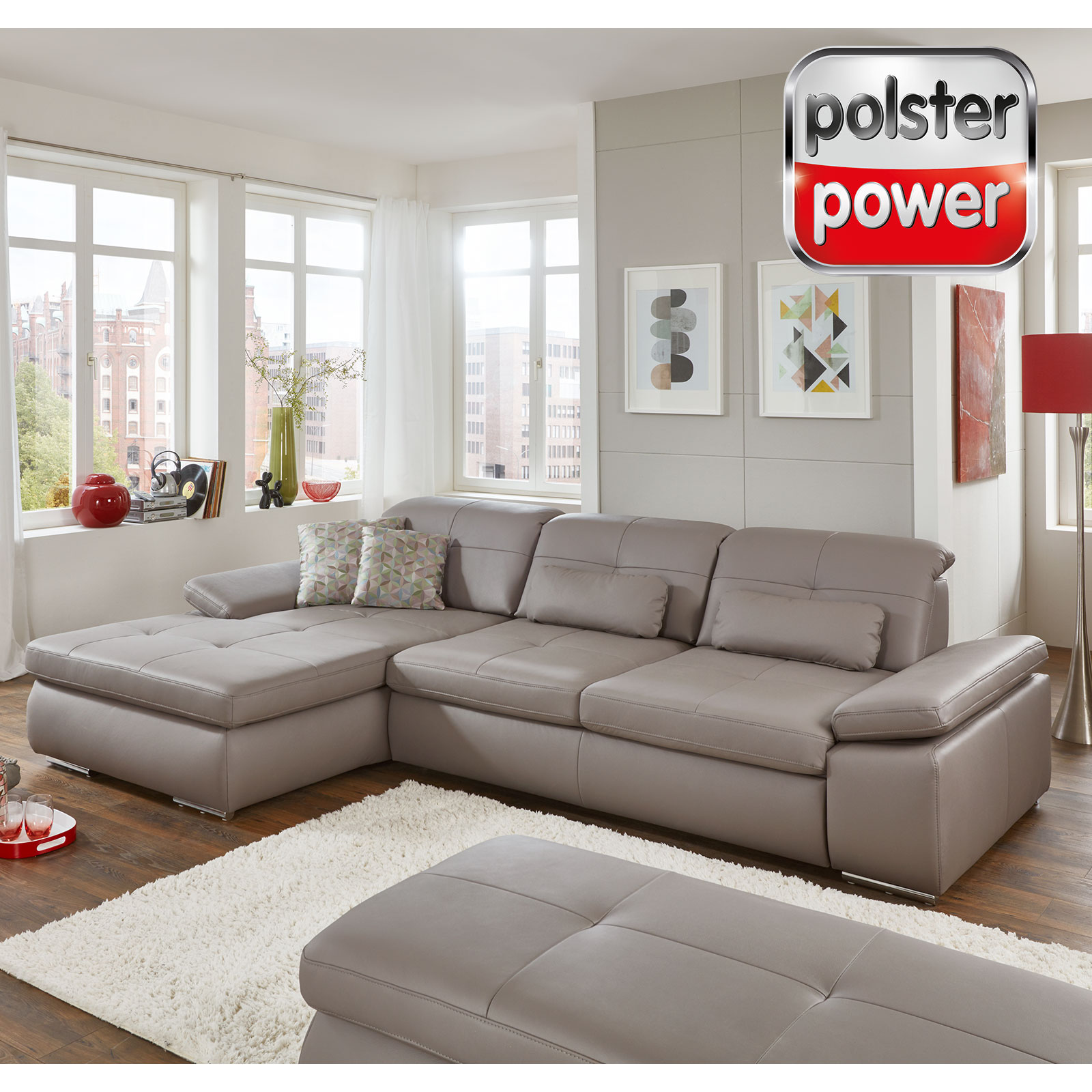 polsterpower Ledersofa - granit - Liegefunktion - Recamiere links