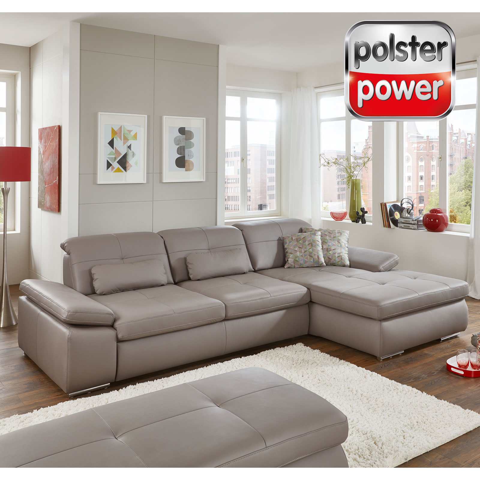 polsterpower Ledersofa - granit - Liegefunktion - Recamiere rechts