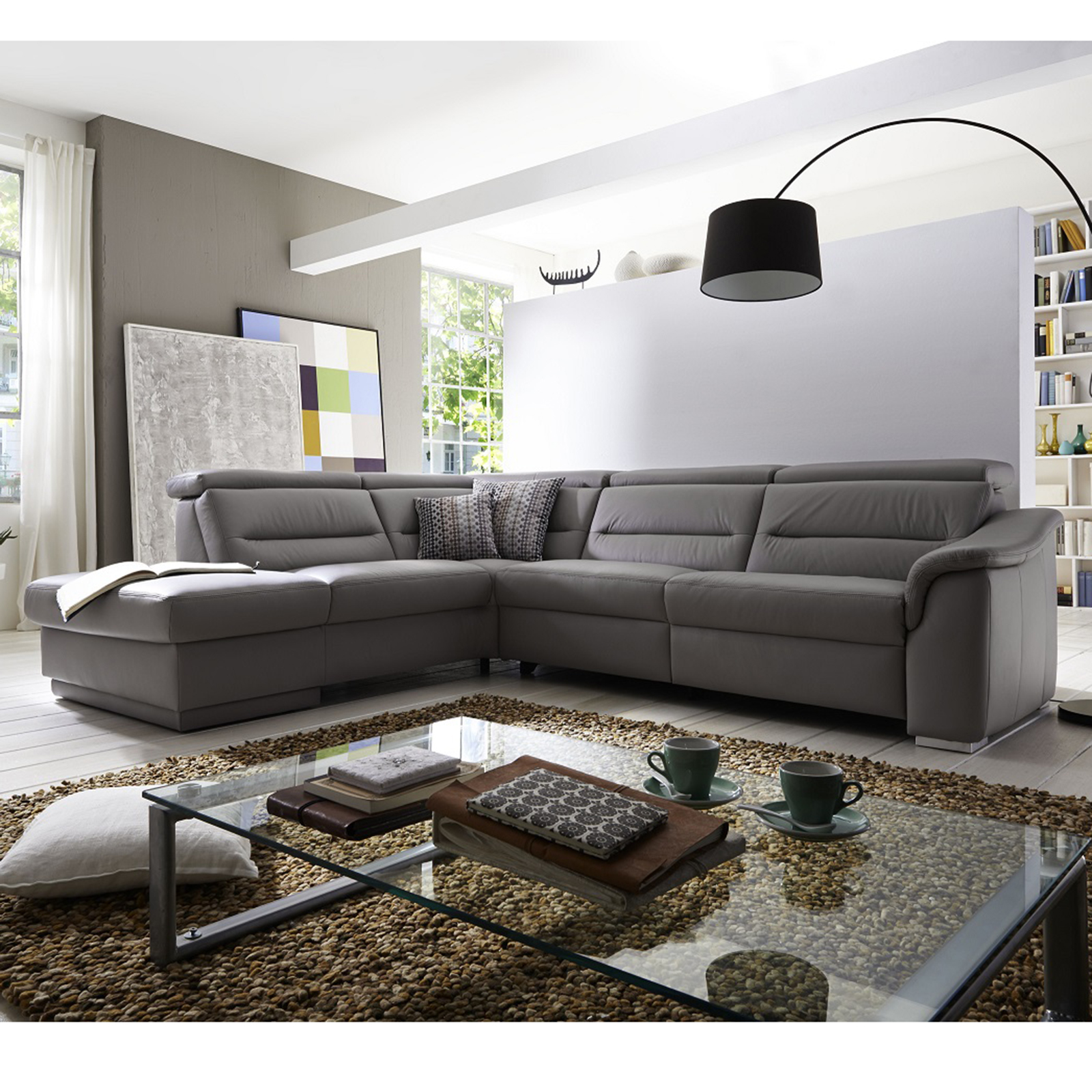 polsterpower Ledersofa - grau - Basismodell - 1,5-Sitzer links